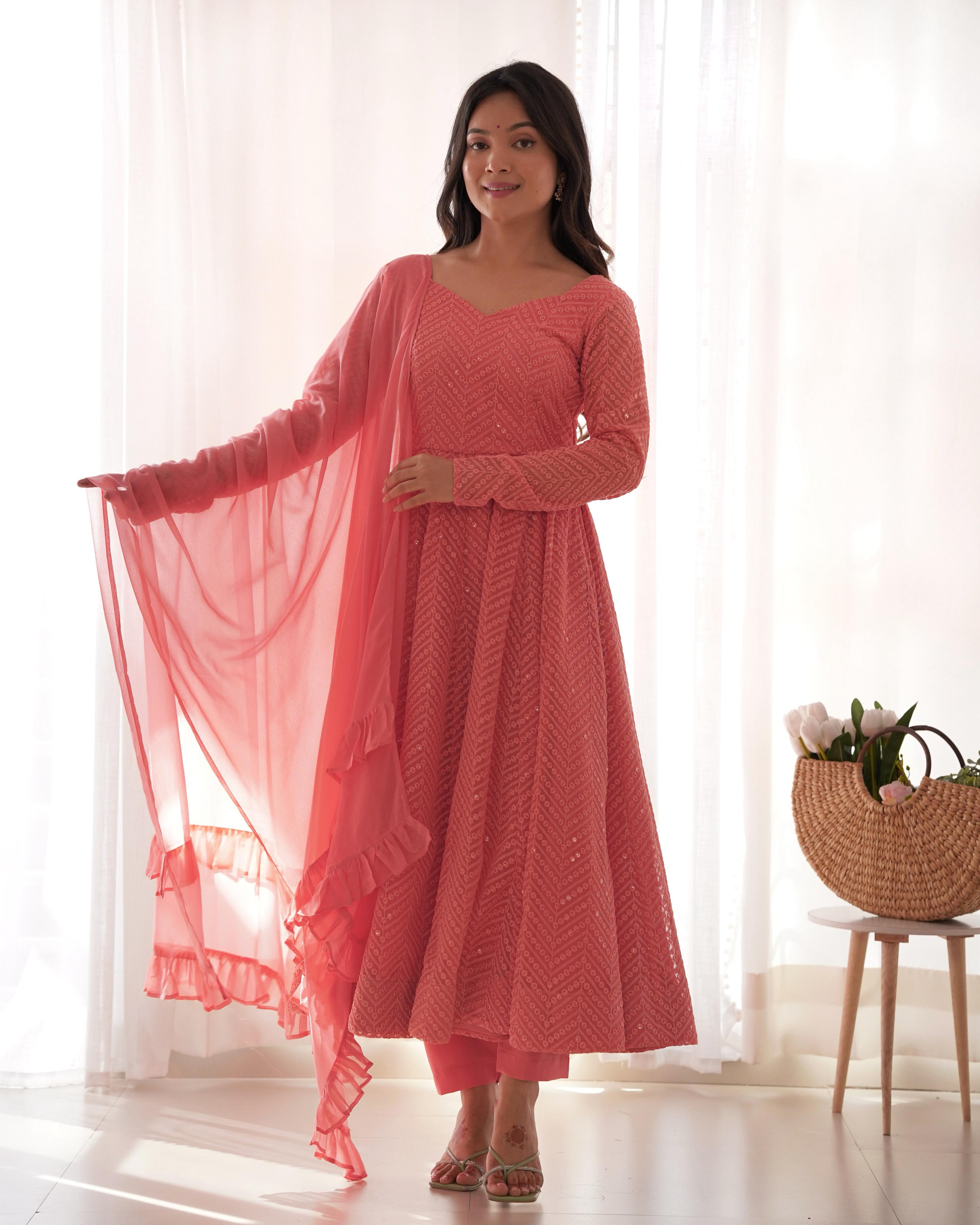 Elegant Embroidered Anarkali Sets in Coral and Plum