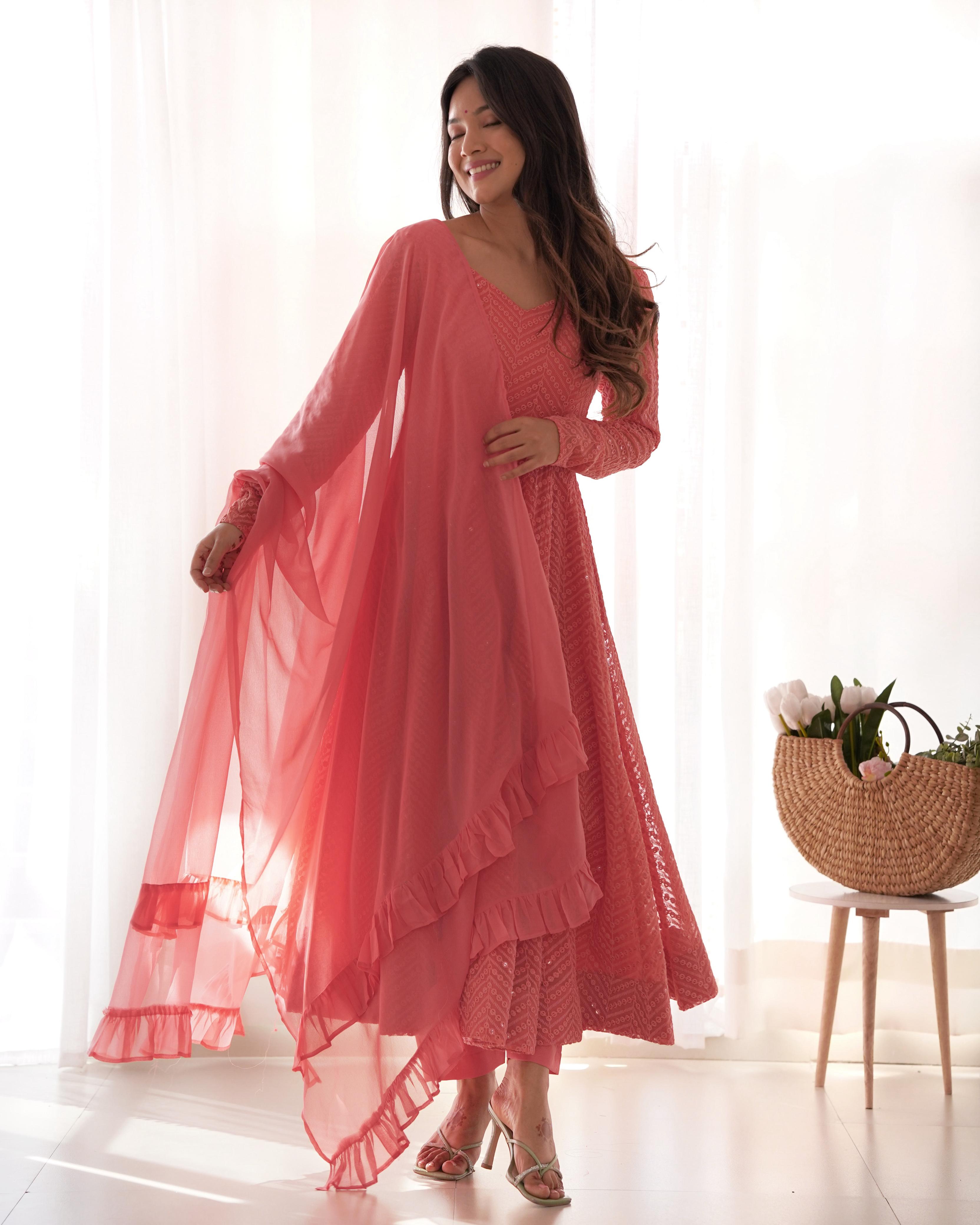 Elegant Embroidered Anarkali Sets in Coral and Plum