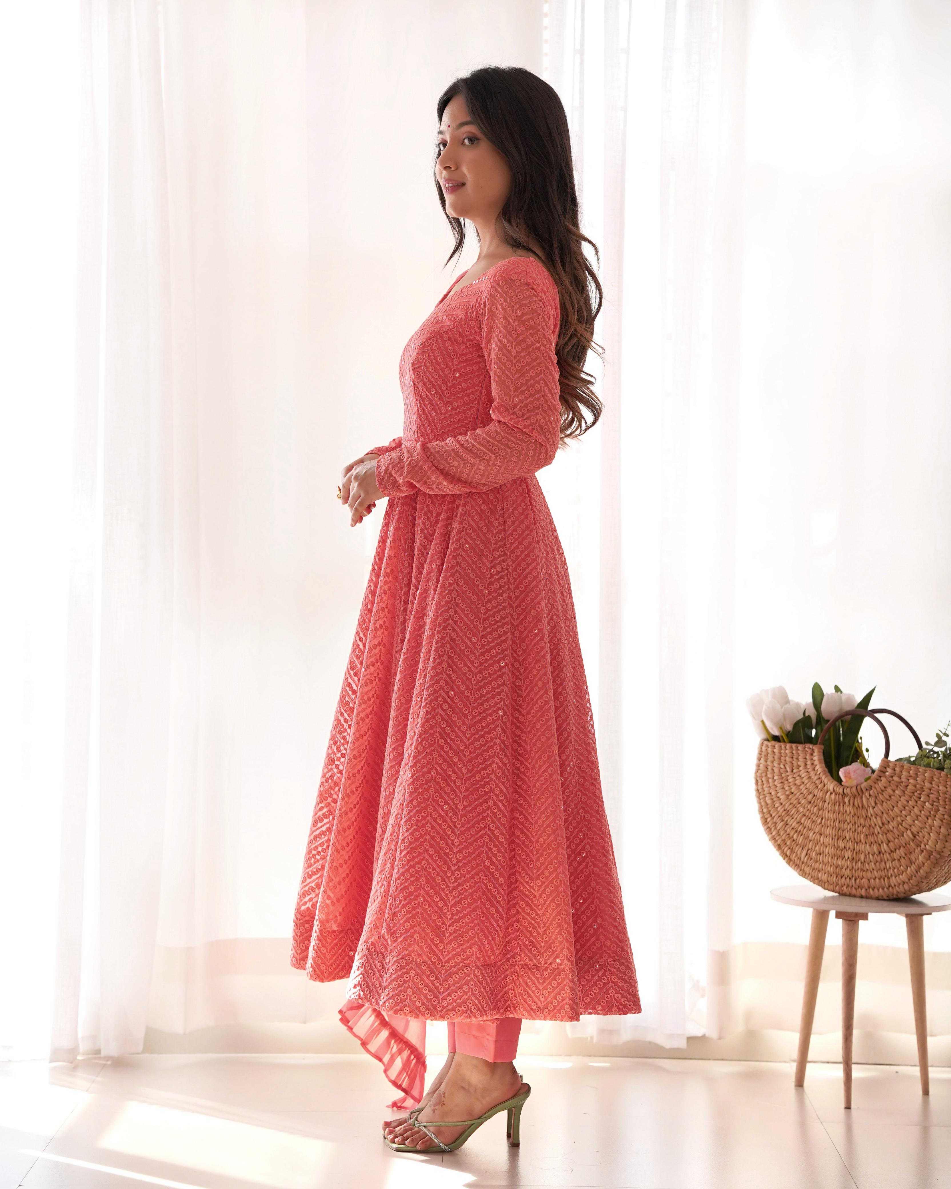 Elegant Embroidered Anarkali Sets in Coral and Plum