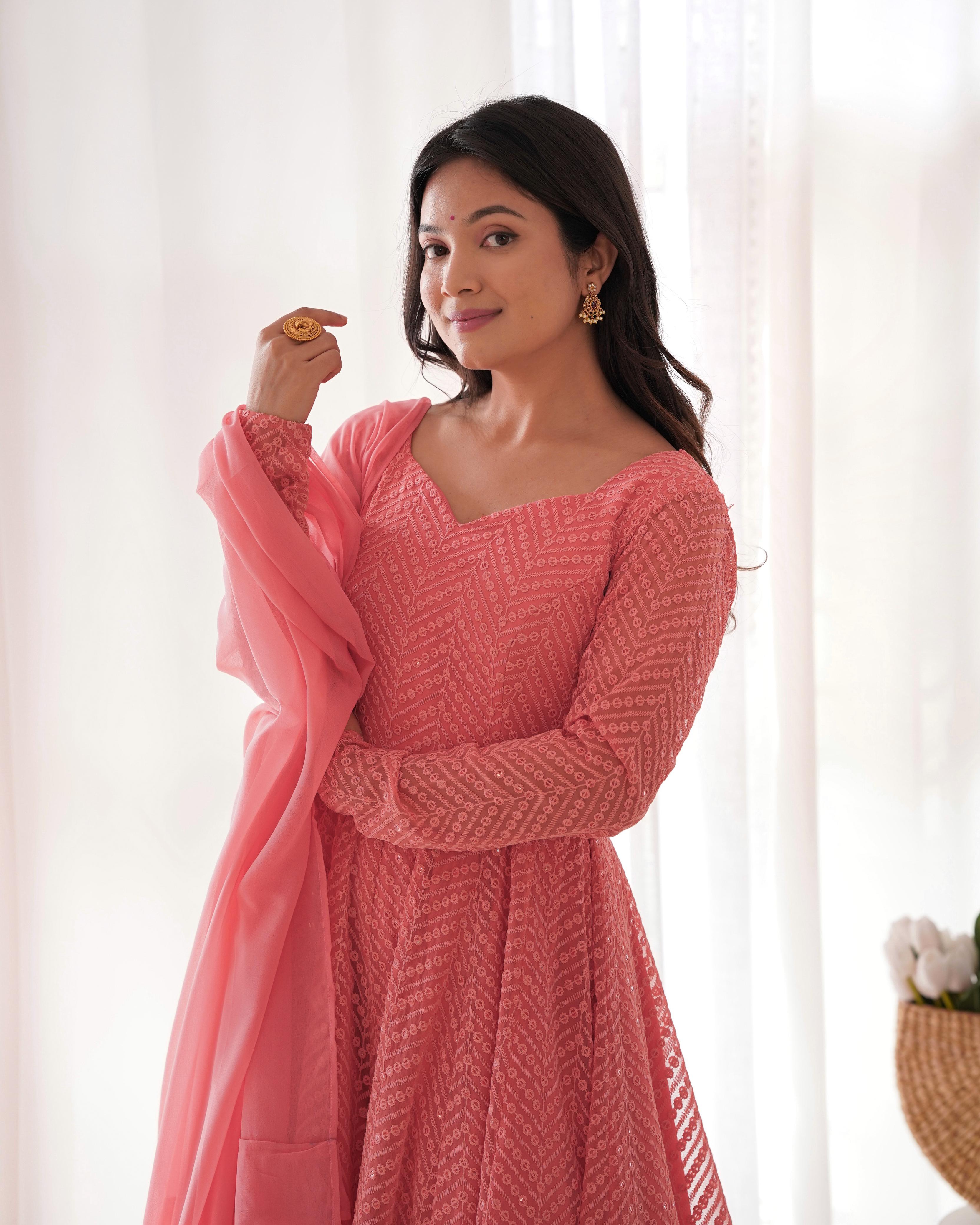 Elegant Embroidered Anarkali Sets in Coral and Plum