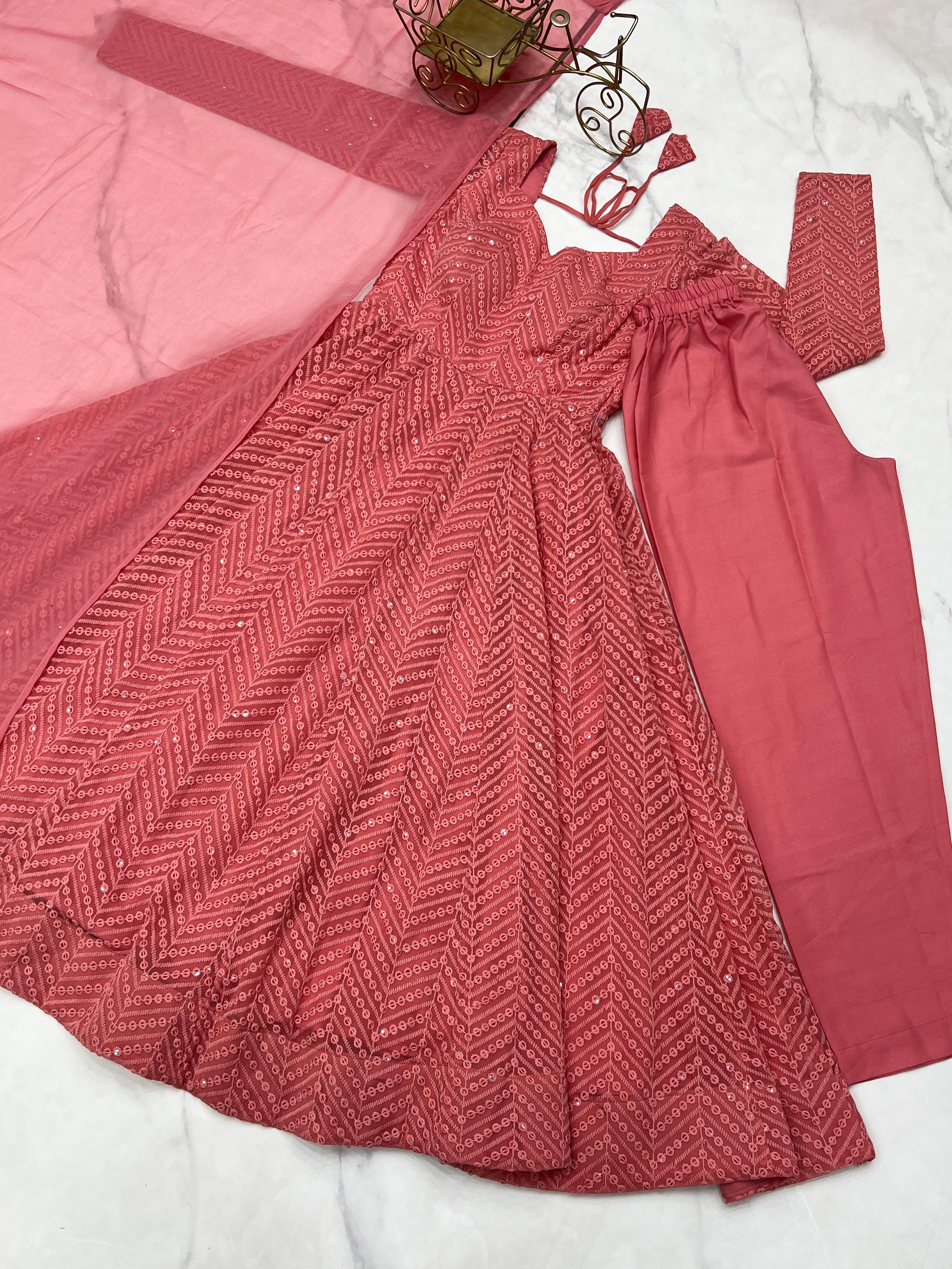 Elegant Embroidered Anarkali Sets in Coral and Plum