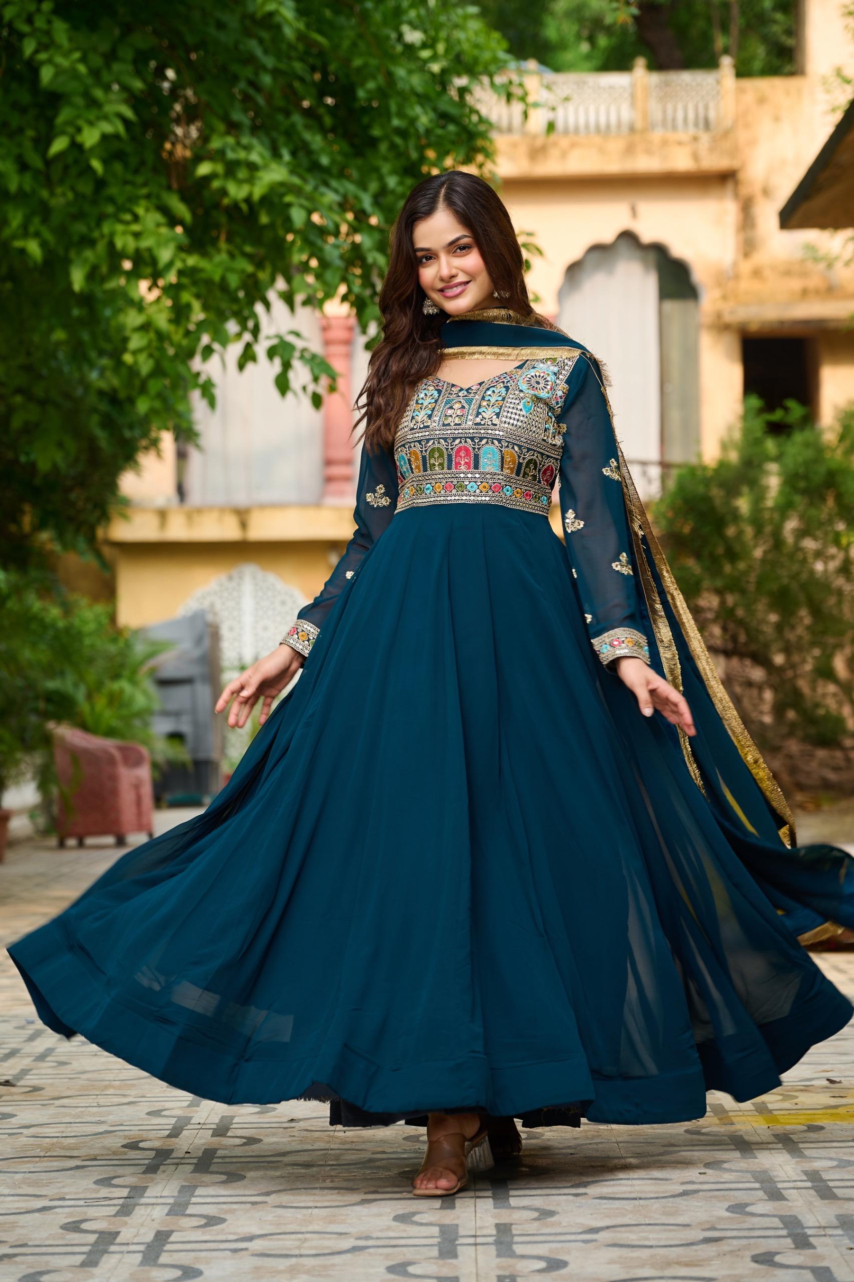 Royal Teal Mughal Embroidered Anarkali Gown