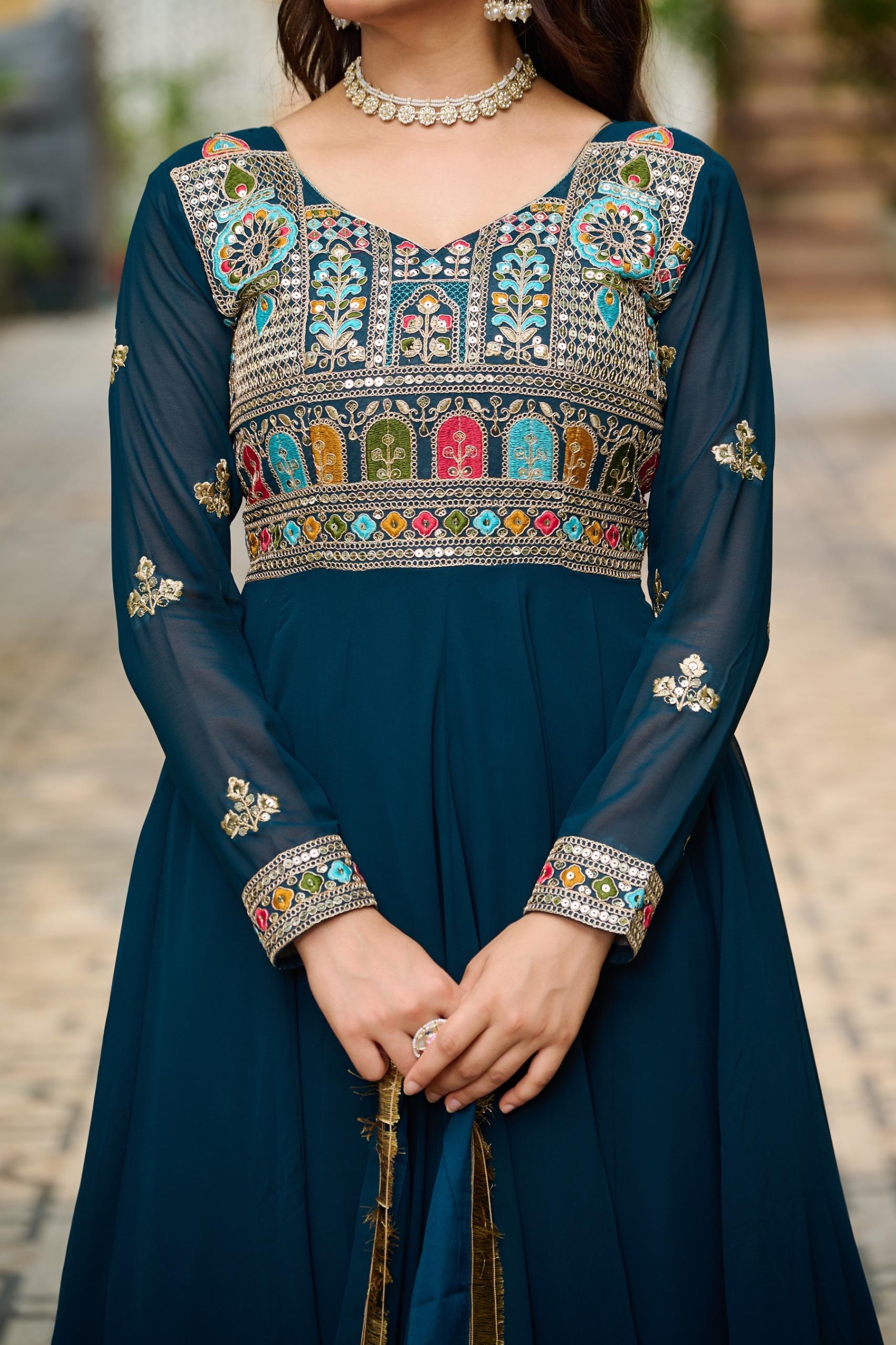 Royal Teal Mughal Embroidered Anarkali Gown
