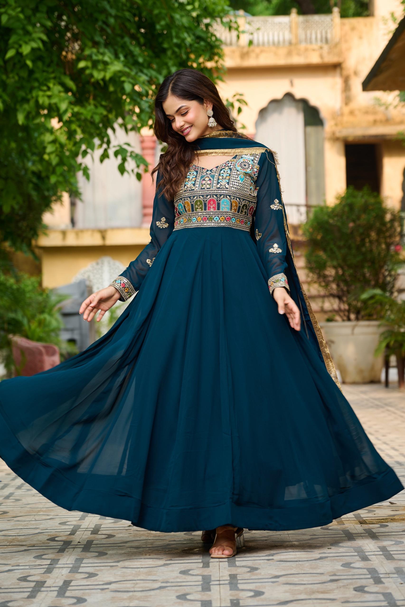Royal Teal Mughal Embroidered Anarkali Gown