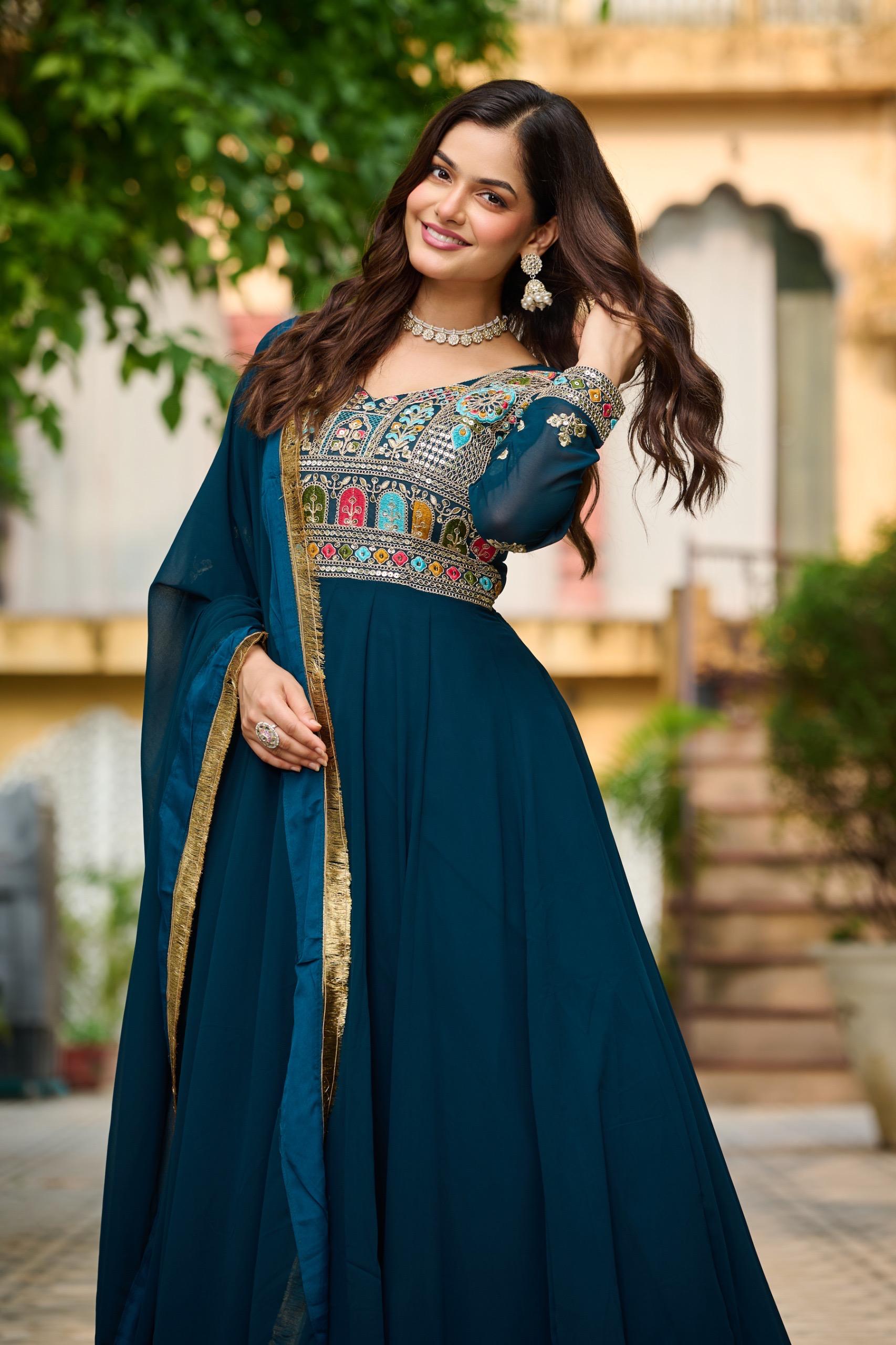 Royal Teal Mughal Embroidered Anarkali Gown