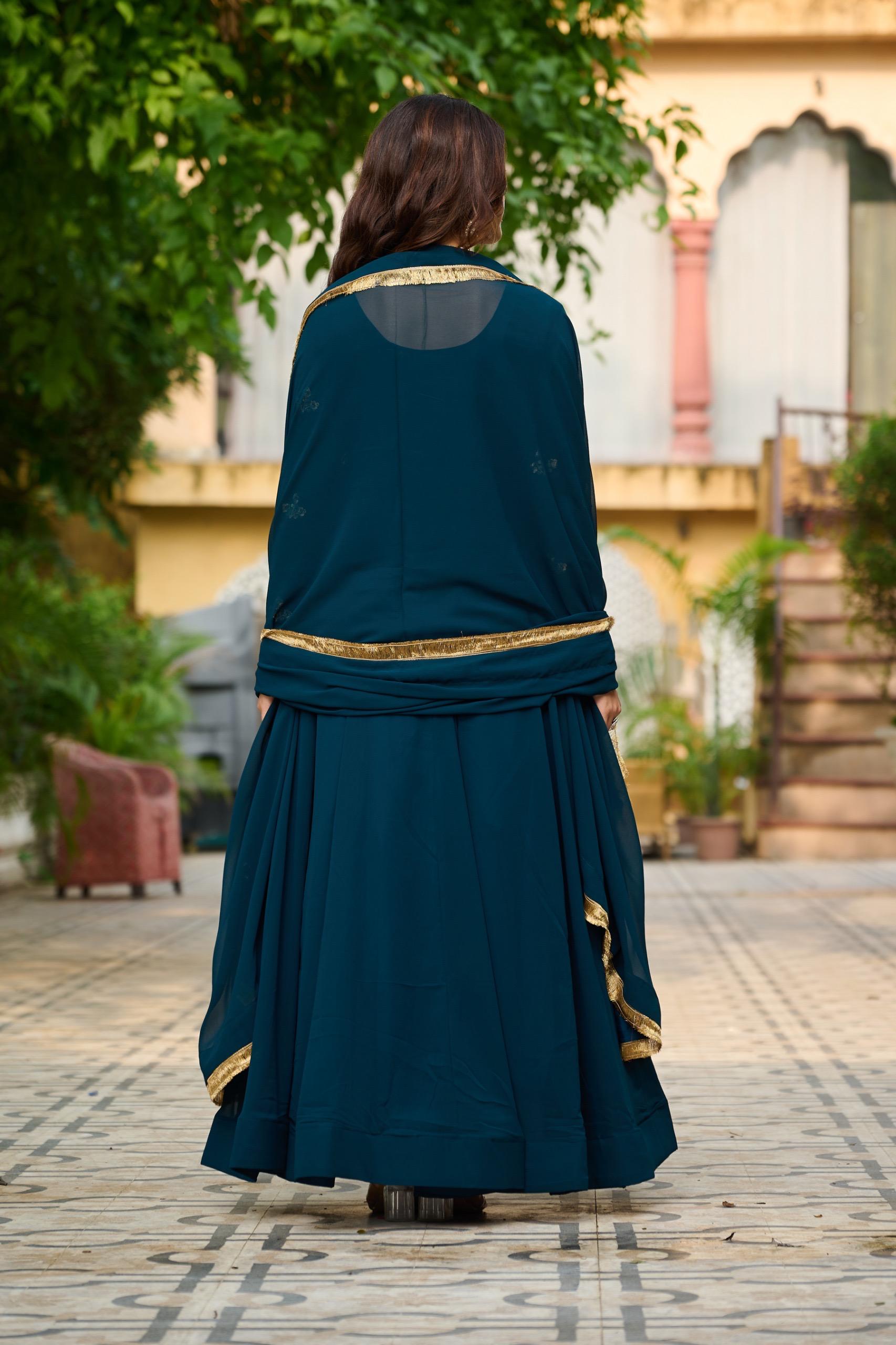 Royal Teal Mughal Embroidered Anarkali Gown