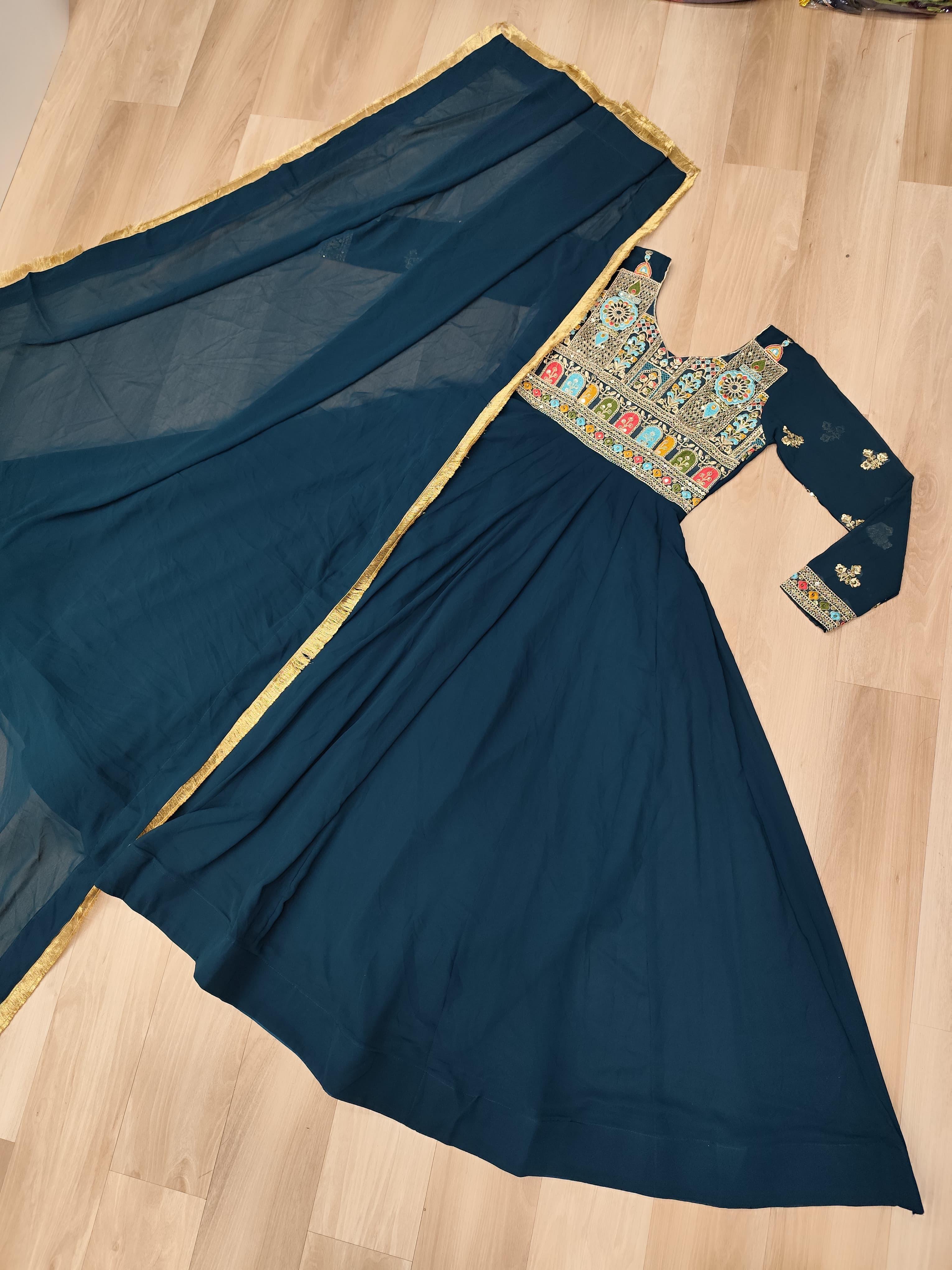 Royal Teal Mughal Embroidered Anarkali Gown
