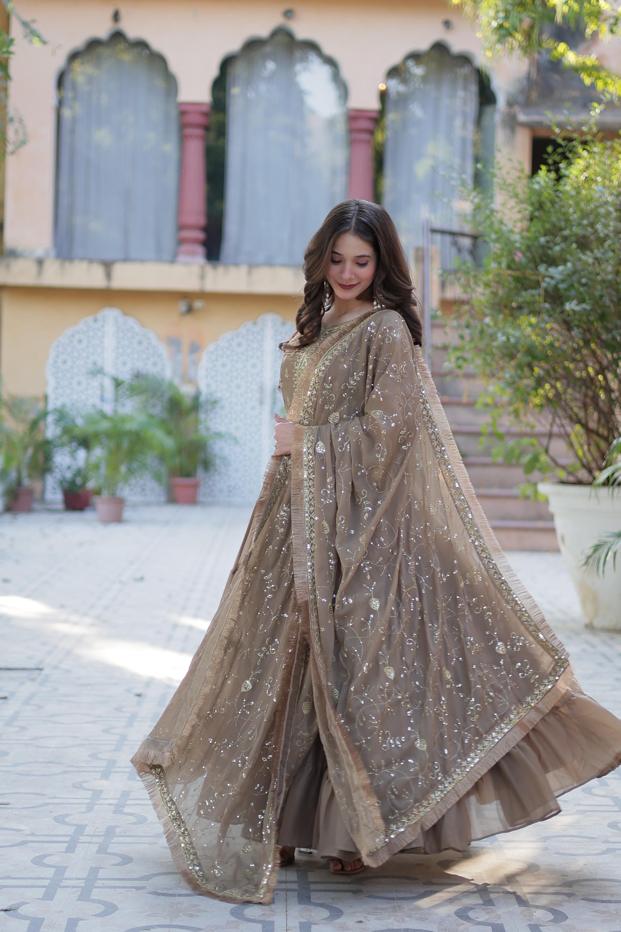 Elegant Mocha Gold Embroidered Anarkali Gown