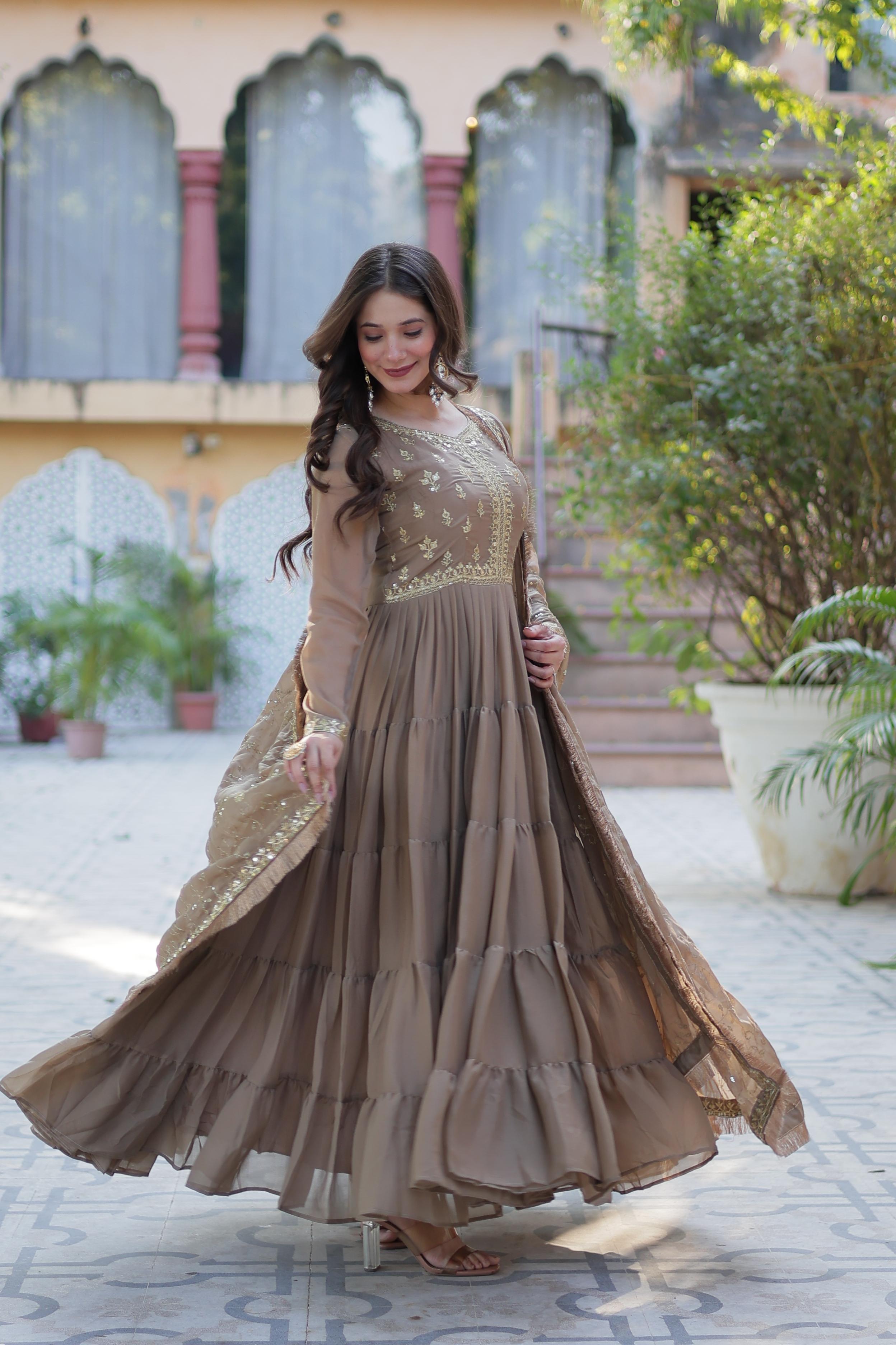 Elegant Mocha Gold Embroidered Anarkali Gown