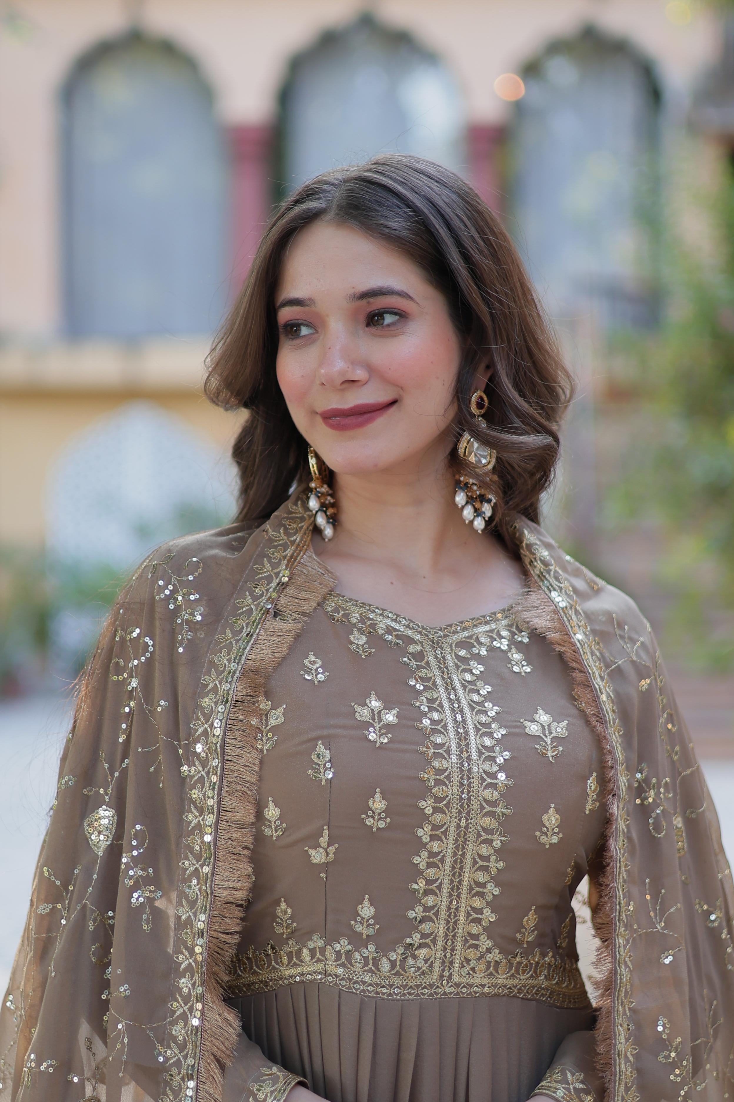 Elegant Mocha Gold Embroidered Anarkali Gown