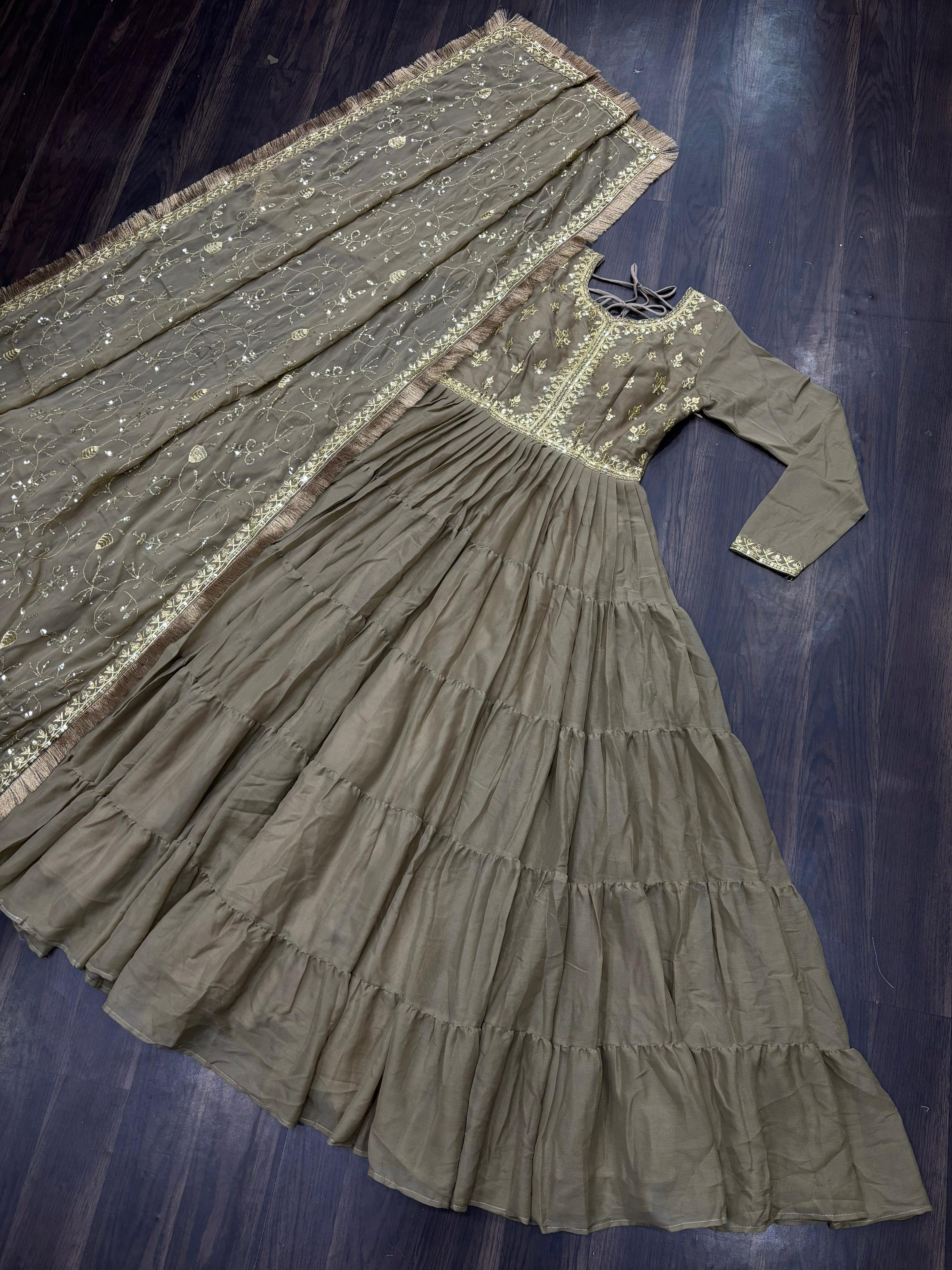 Elegant Mocha Gold Embroidered Anarkali Gown