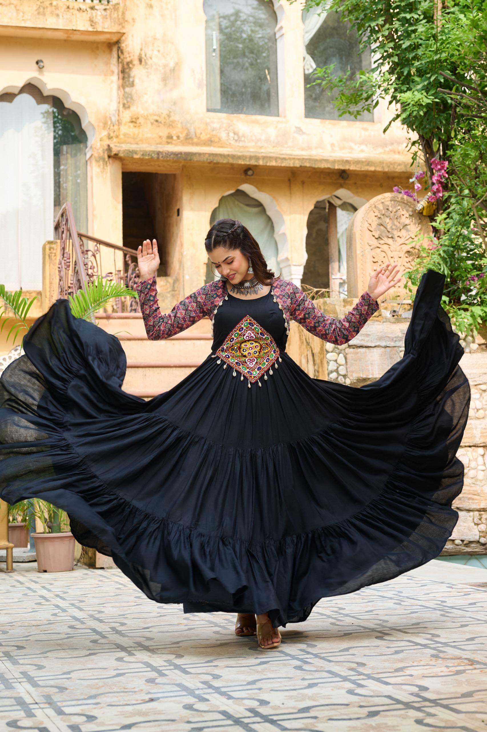 Festive Tiered Mirror Work Gowns in Maroon & Black