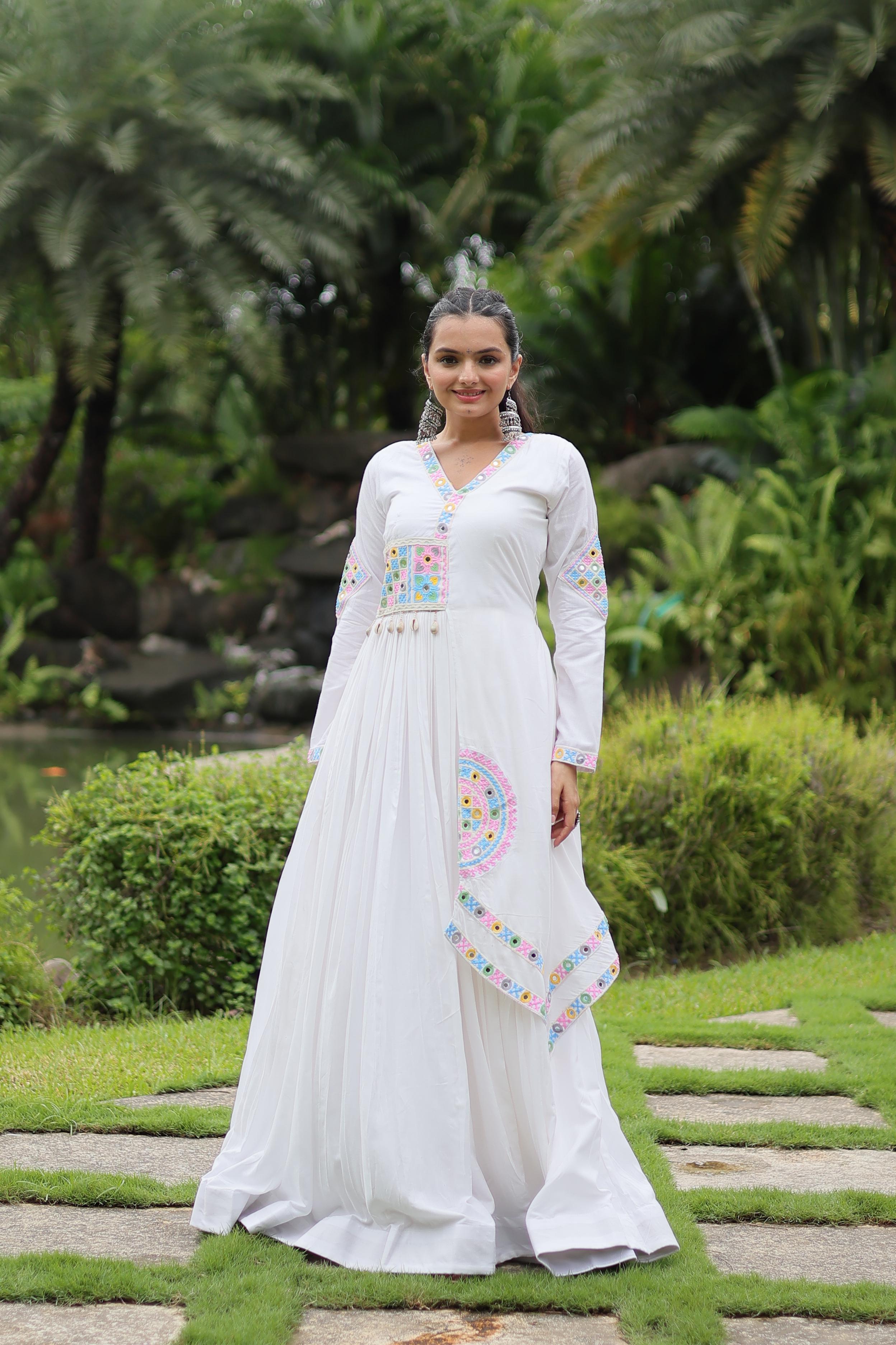 White Mirror Work Anarkali Gown with Soft Pastel Embroidery