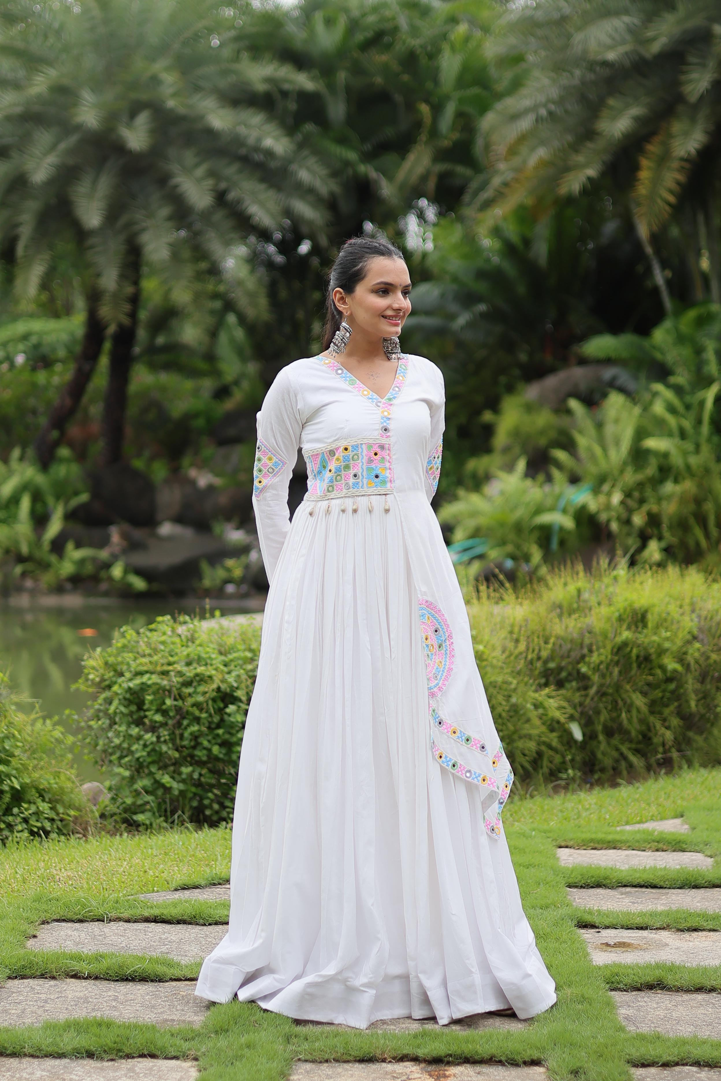 White Mirror Work Anarkali Gown with Soft Pastel Embroidery