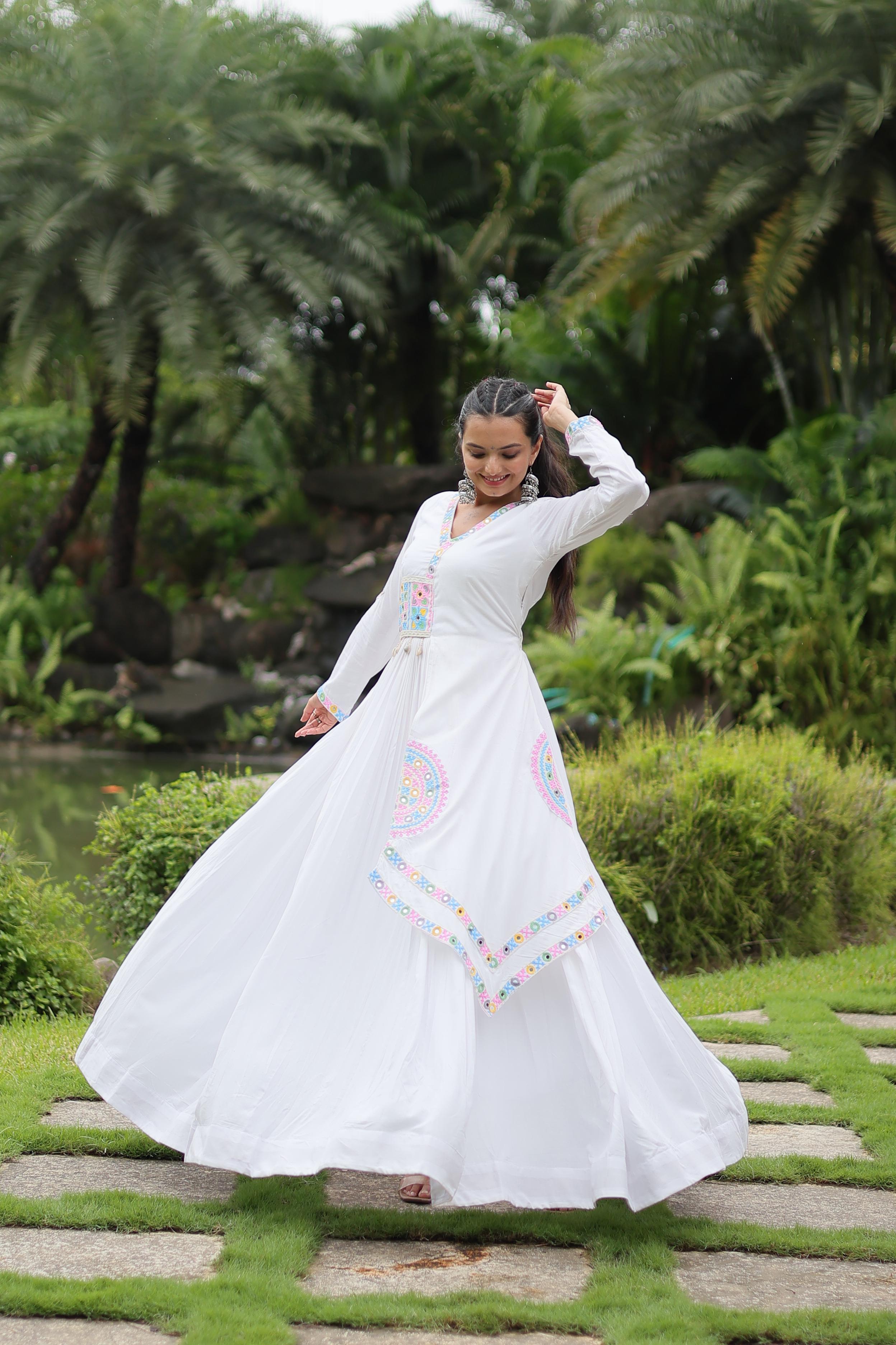 White Mirror Work Anarkali Gown with Soft Pastel Embroidery