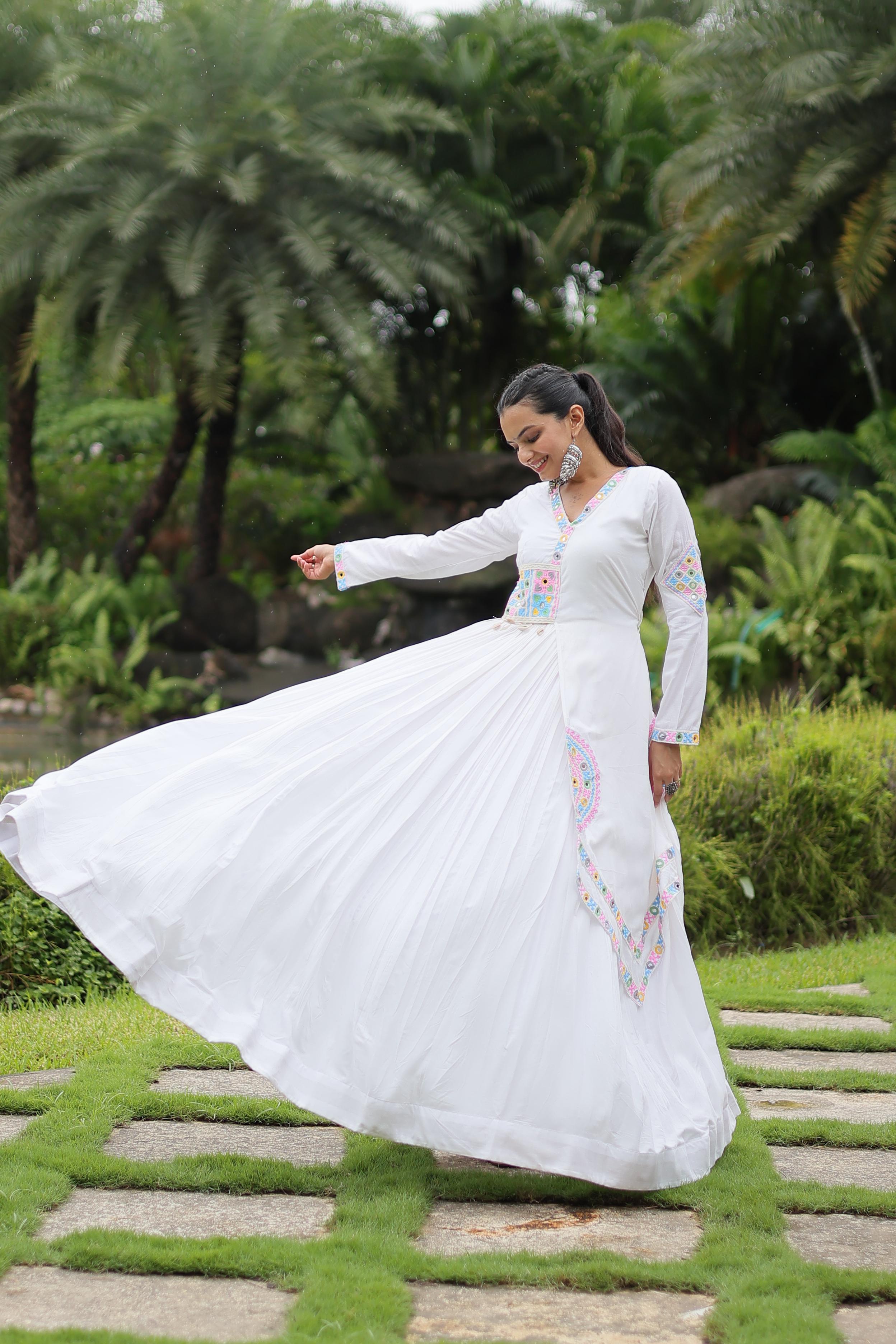 White Mirror Work Anarkali Gown with Soft Pastel Embroidery