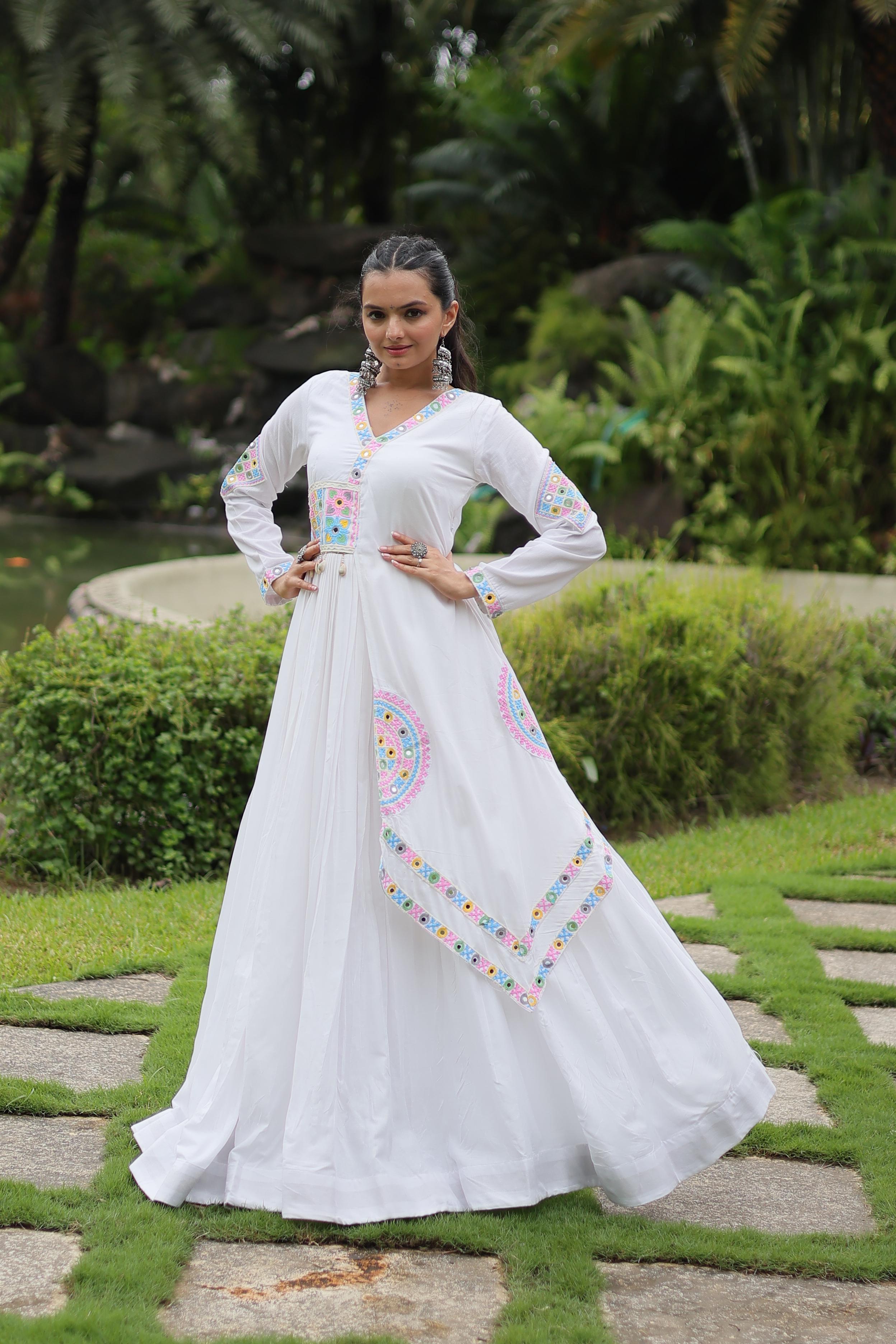White Mirror Work Anarkali Gown with Soft Pastel Embroidery
