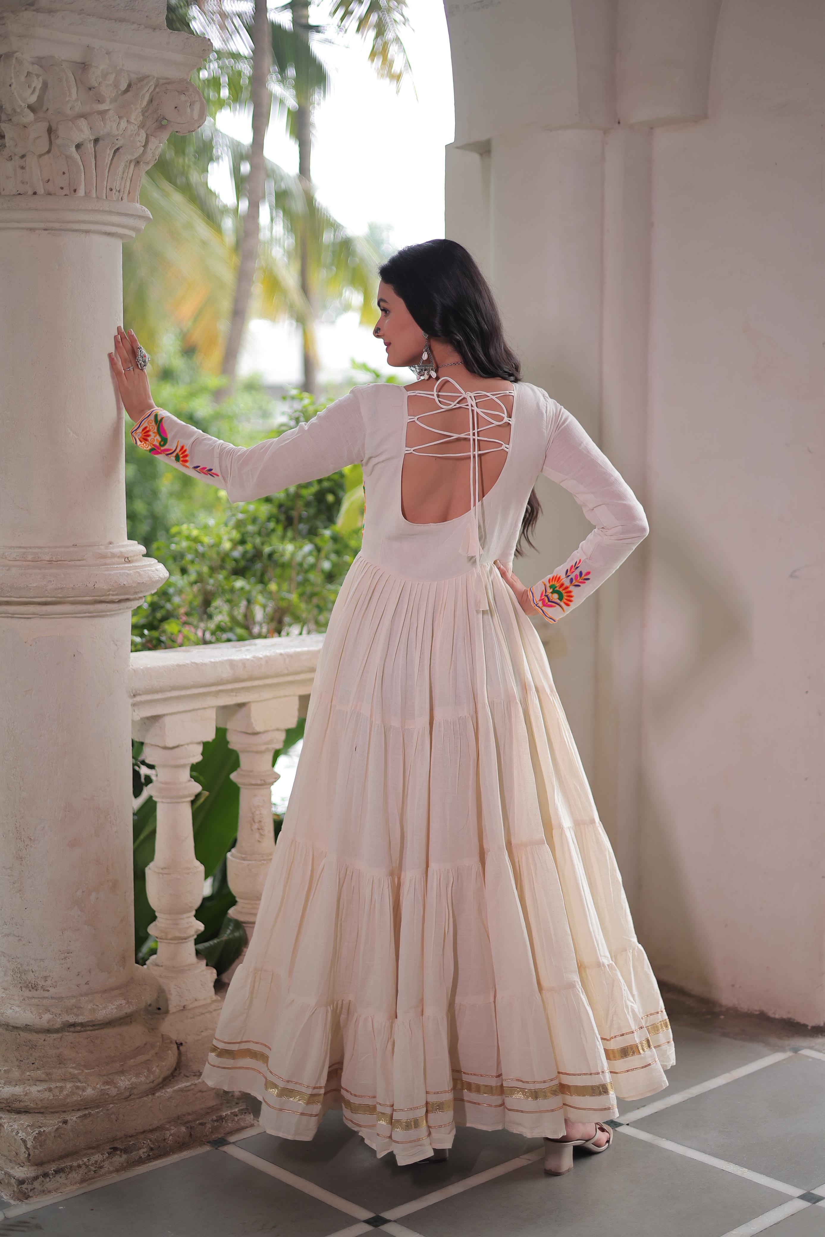 Cream Tiered Anarkali Gown with Vibrant Mirror Embroidery