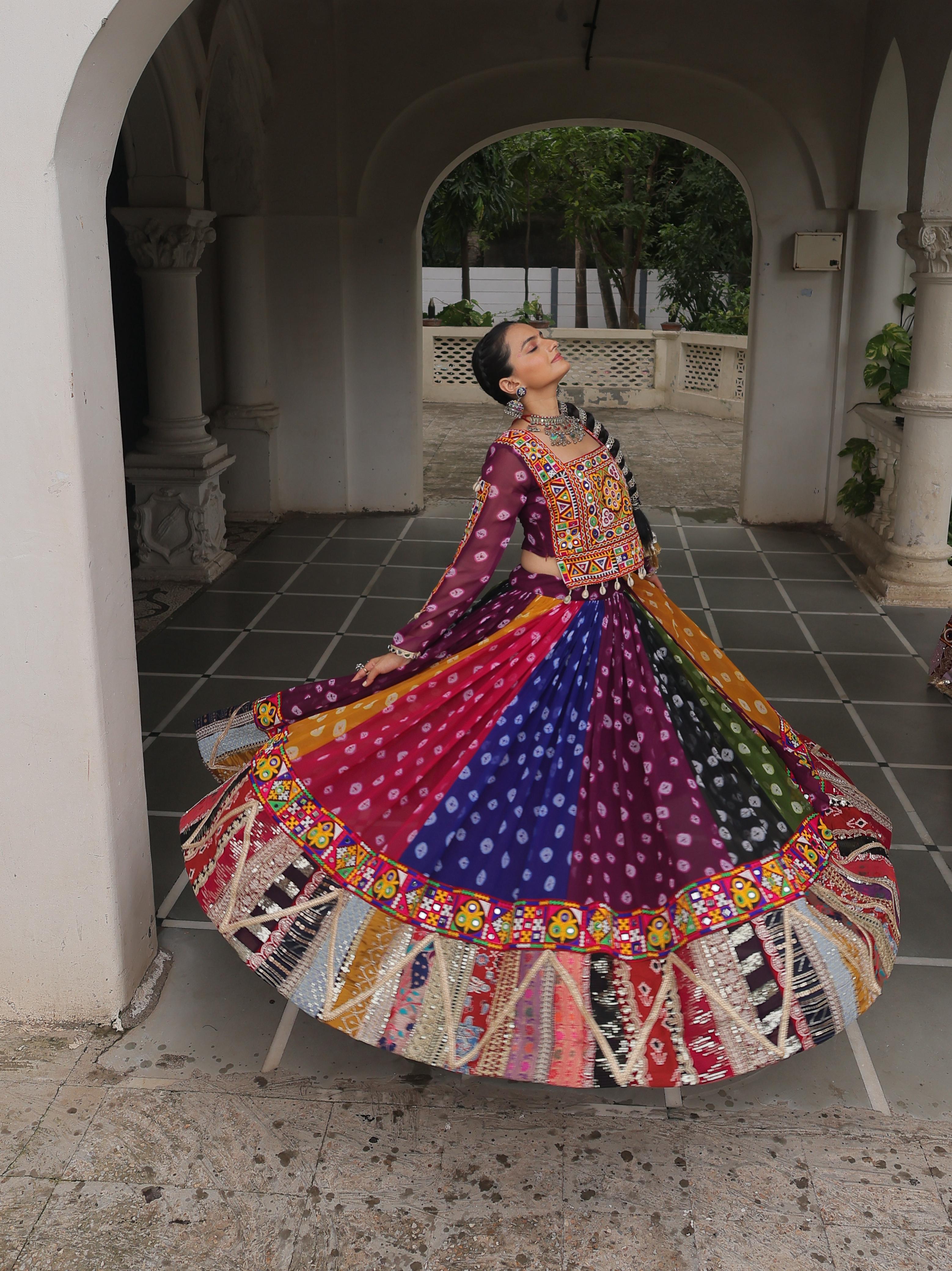 Vibrant Rainbow Bandhani Navratri Dress with Kutchi Mirror Work