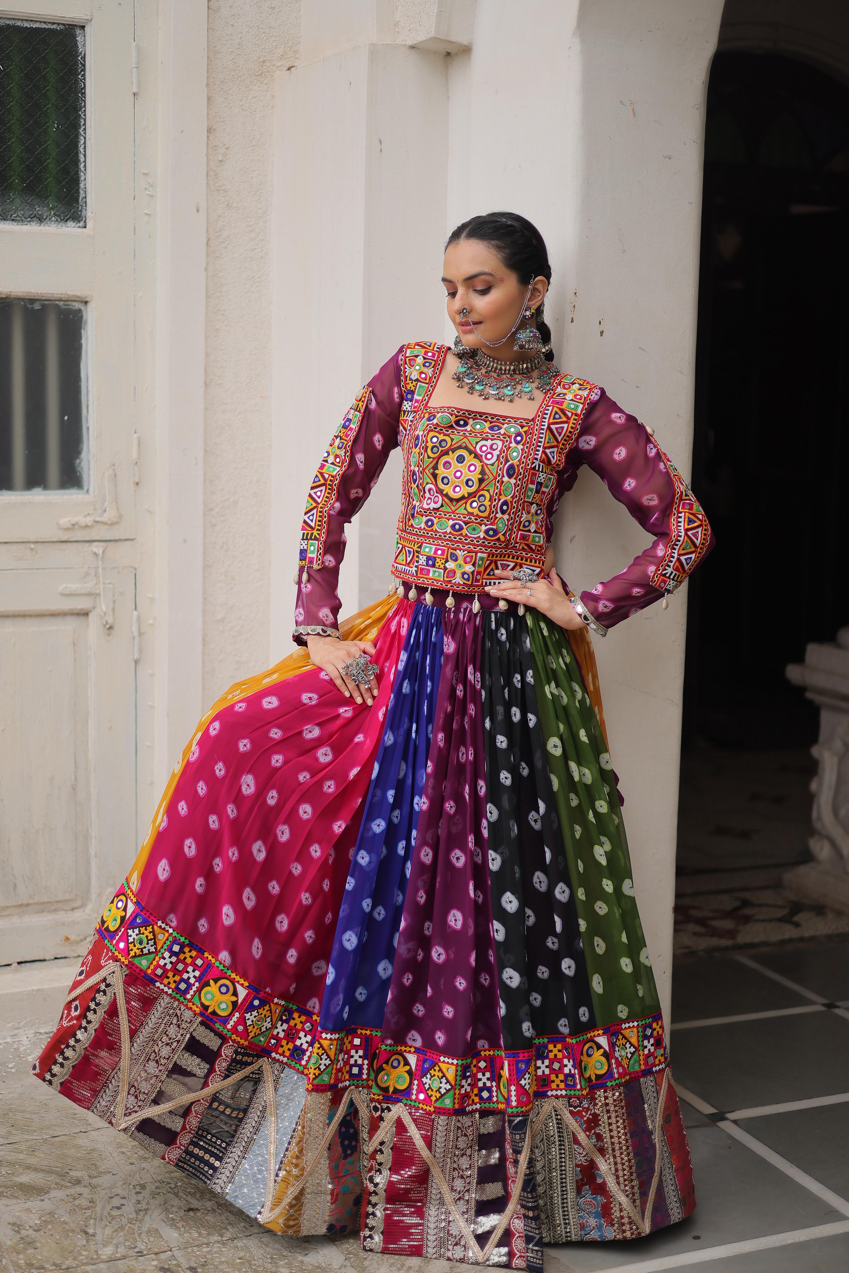 Vibrant Rainbow Bandhani Navratri Dress with Kutchi Mirror Work