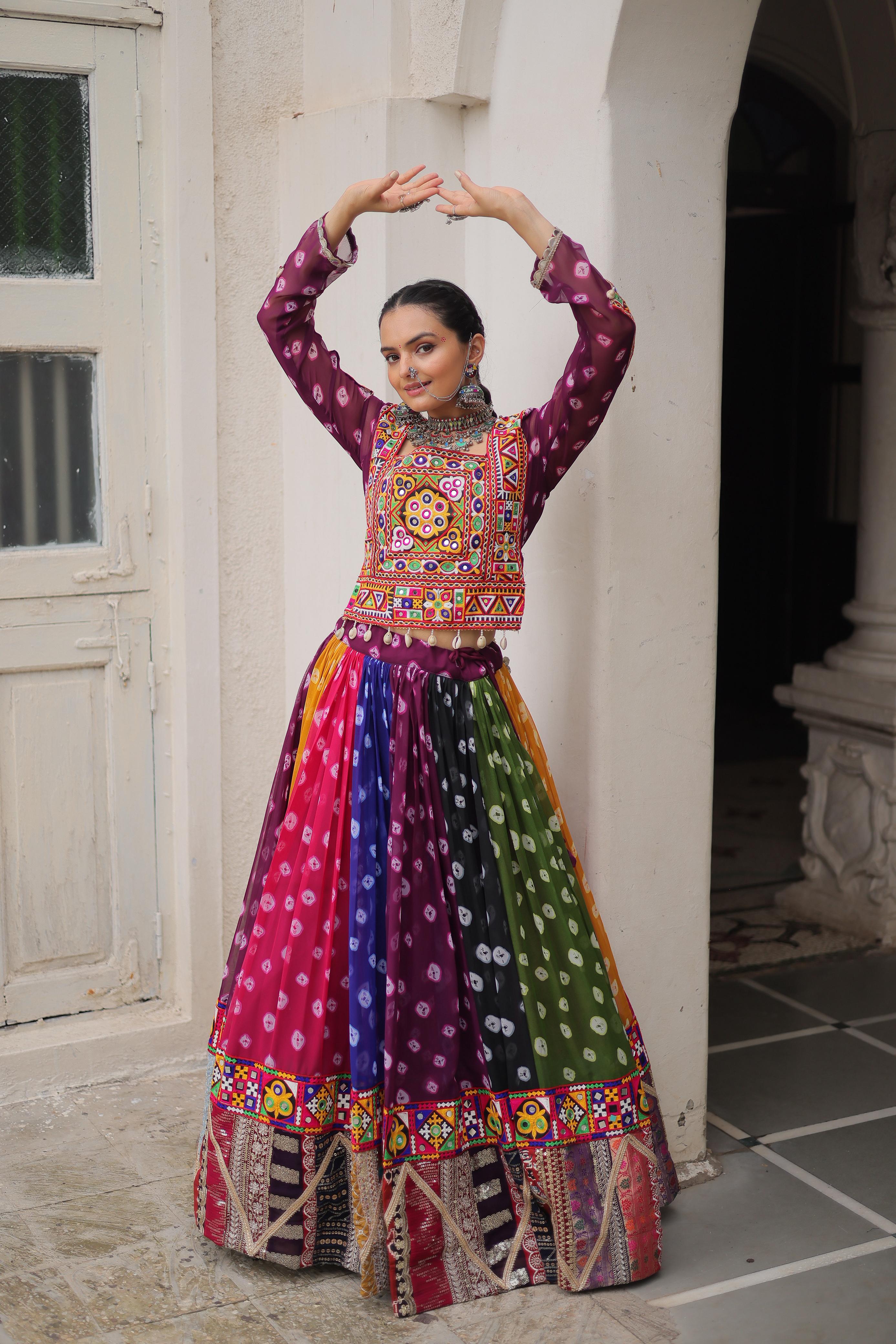 Vibrant Rainbow Bandhani Navratri Dress with Kutchi Mirror Work