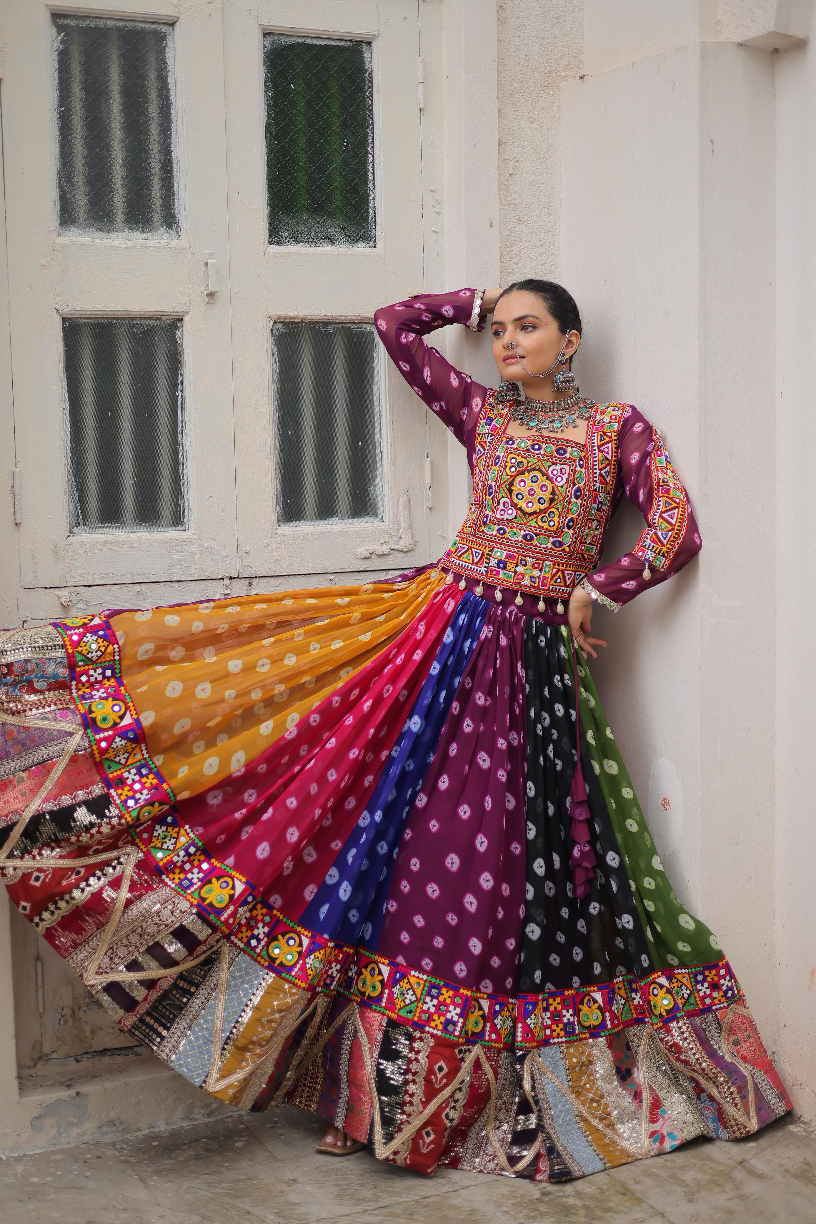 Vibrant Rainbow Bandhani Navratri Dress with Kutchi Mirror Work