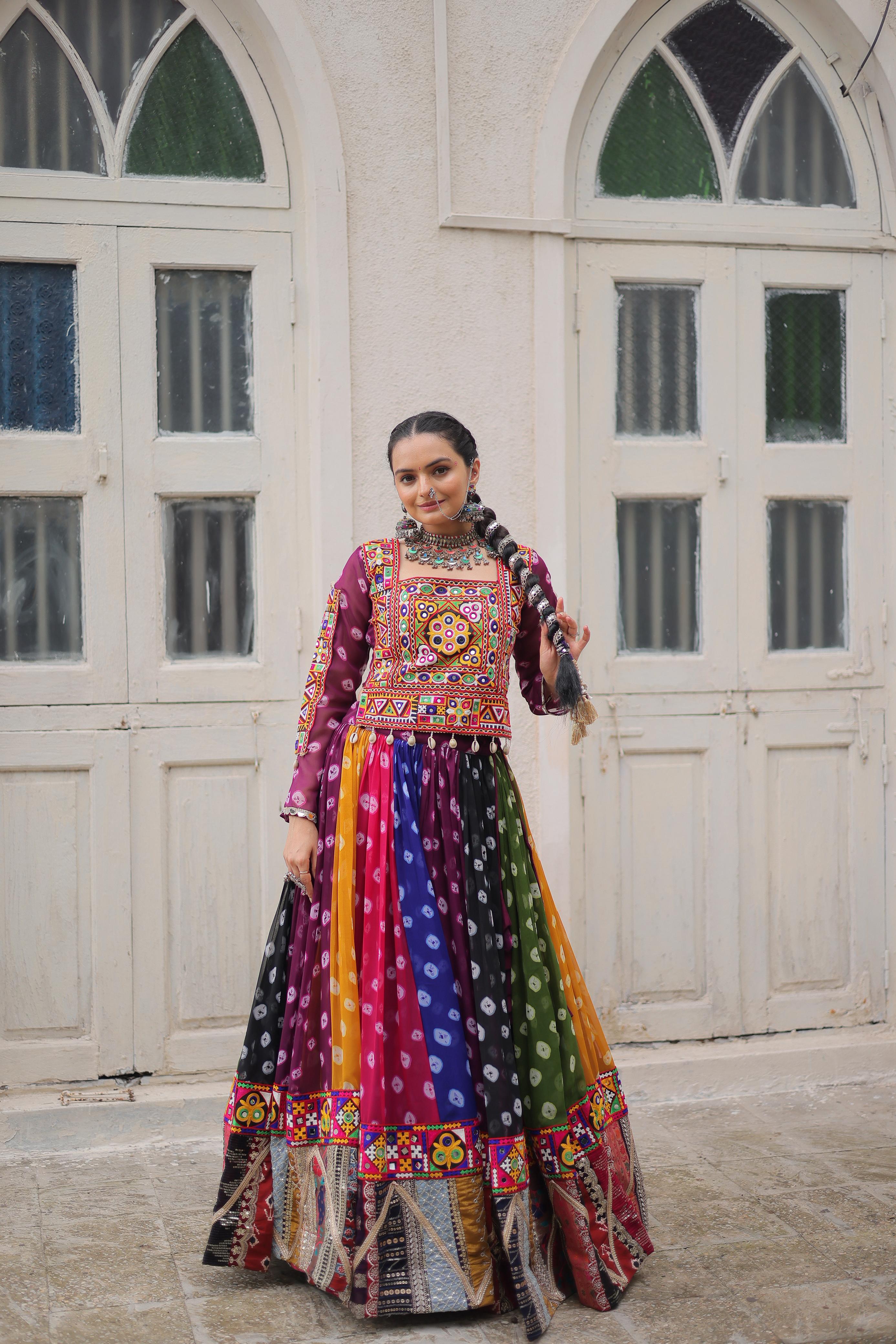 Vibrant Rainbow Bandhani Navratri Dress with Kutchi Mirror Work