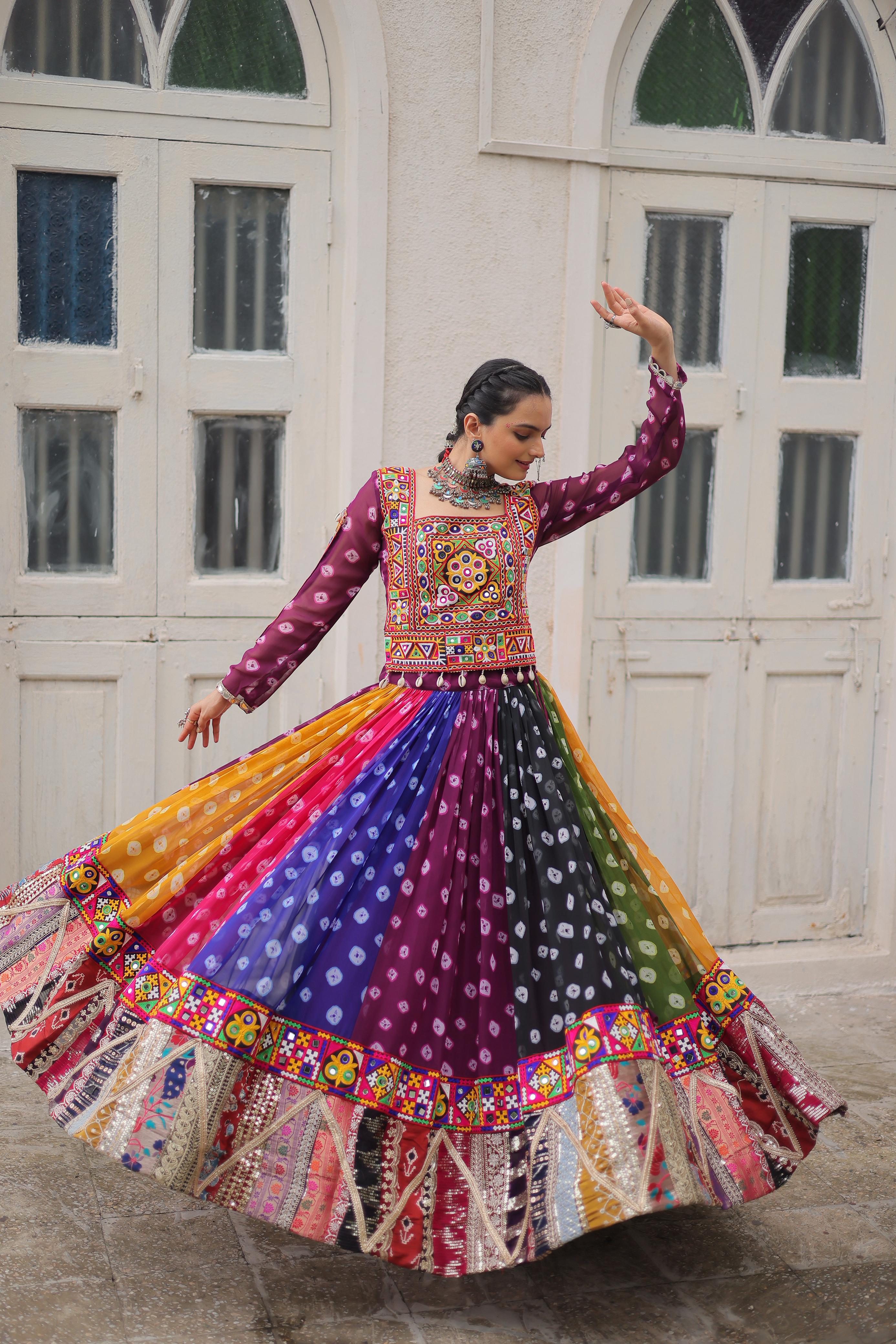 Vibrant Rainbow Bandhani Navratri Dress with Kutchi Mirror Work
