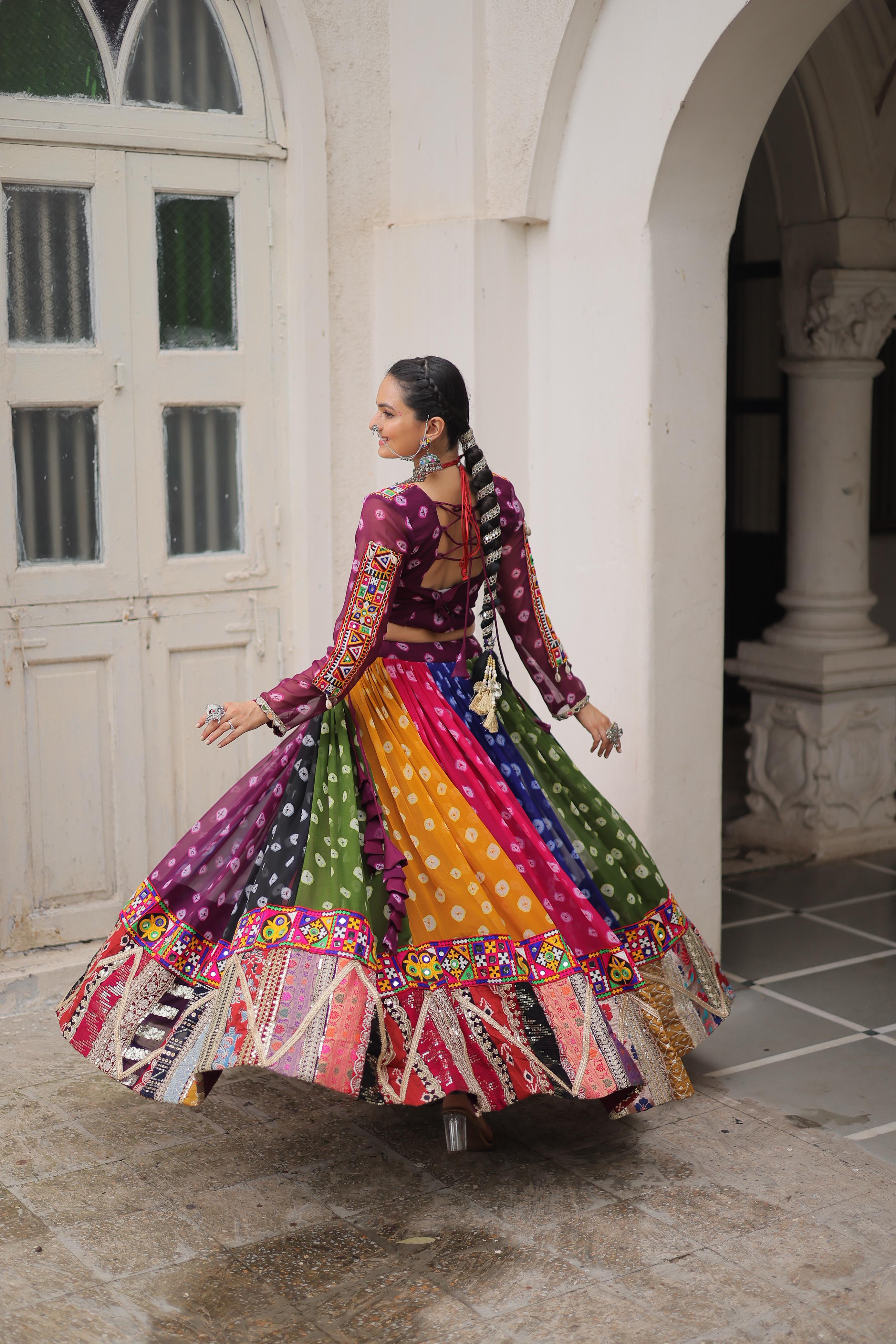 Vibrant Rainbow Bandhani Navratri Dress with Kutchi Mirror Work