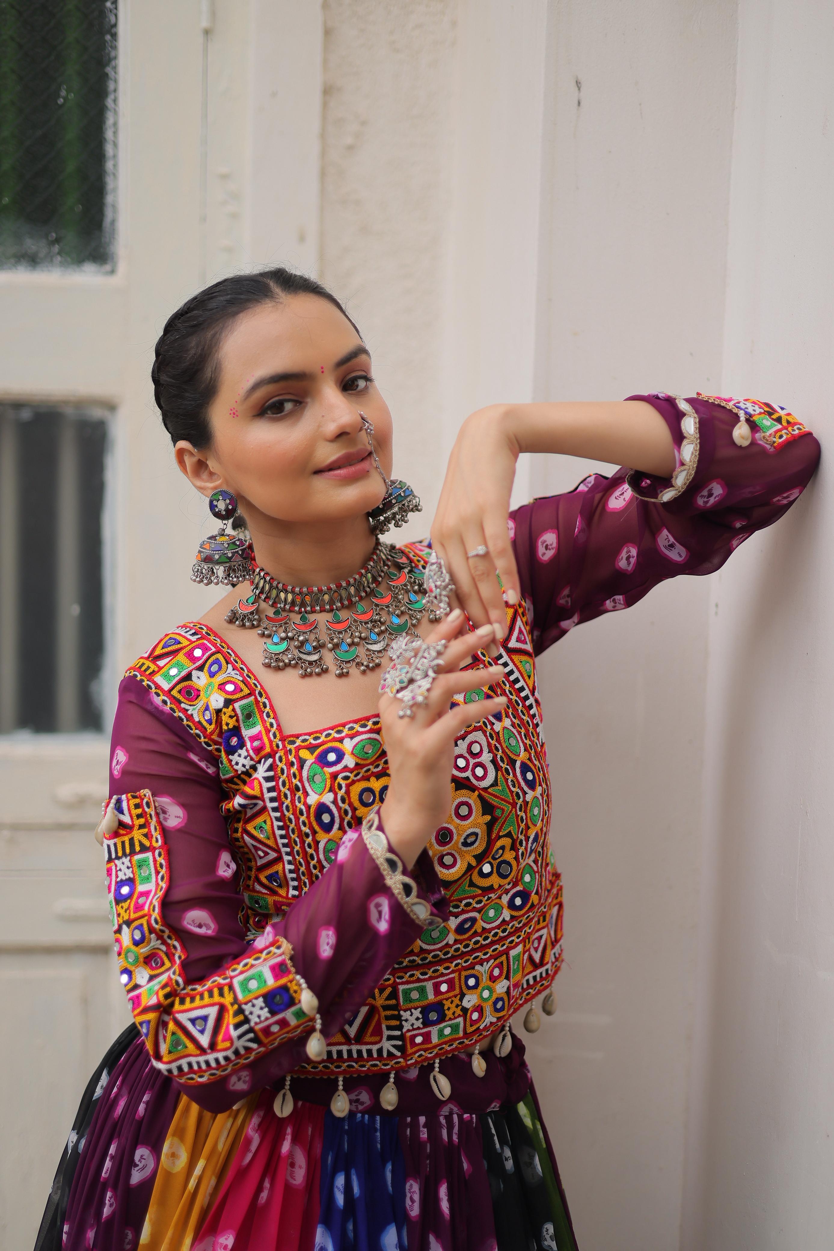 Vibrant Rainbow Bandhani Navratri Dress with Kutchi Mirror Work