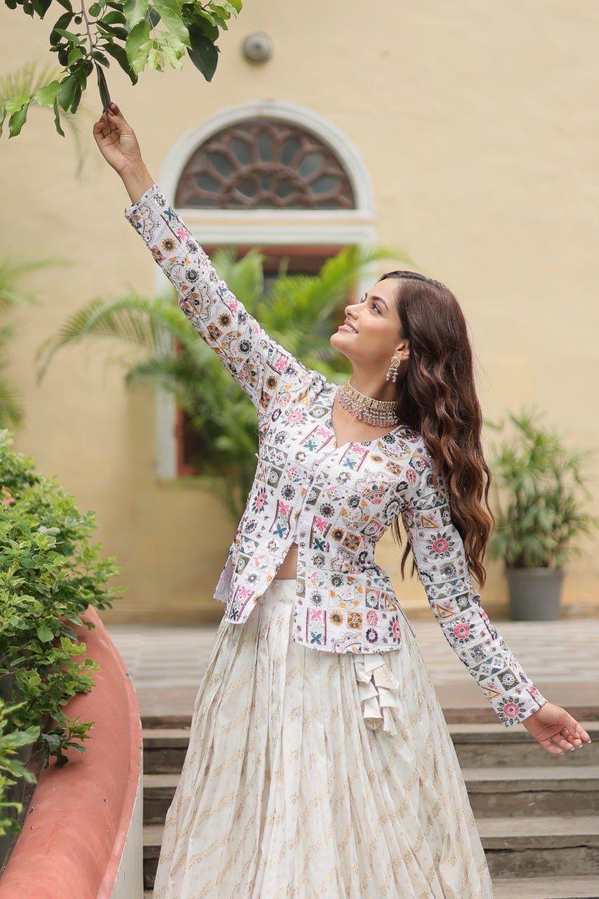 Elegant Cream Skirt with Multicolor Embroidered Jacket Top