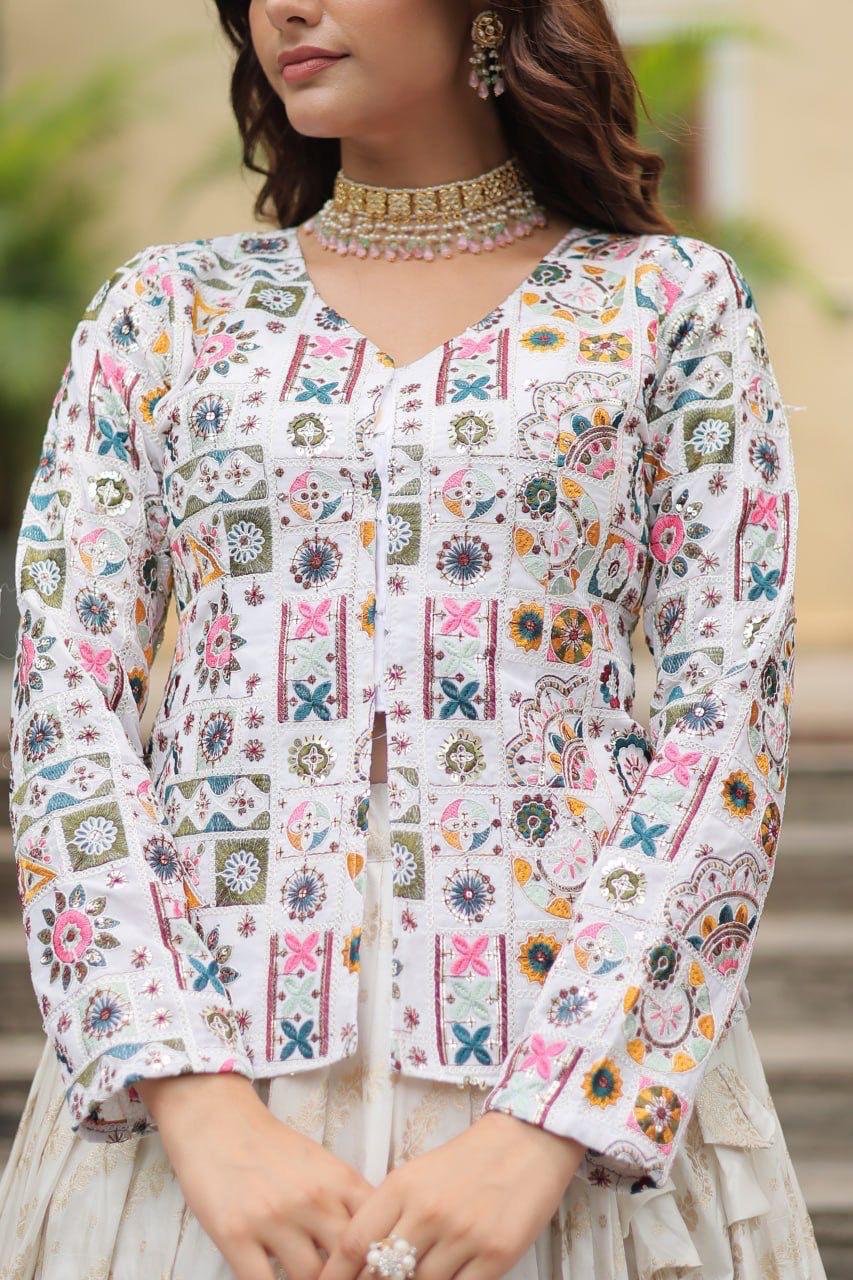 Elegant Cream Skirt with Multicolor Embroidered Jacket Top