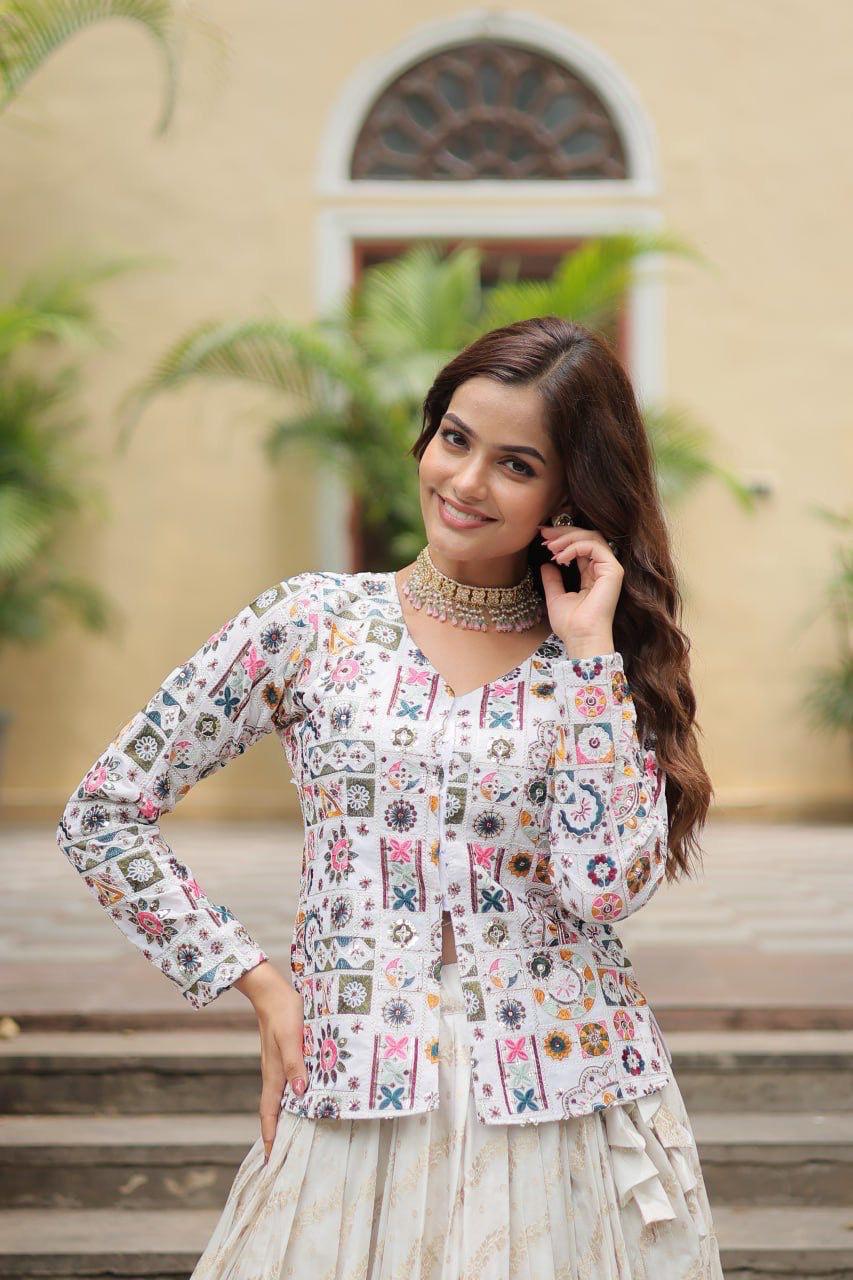 Elegant Cream Skirt with Multicolor Embroidered Jacket Top