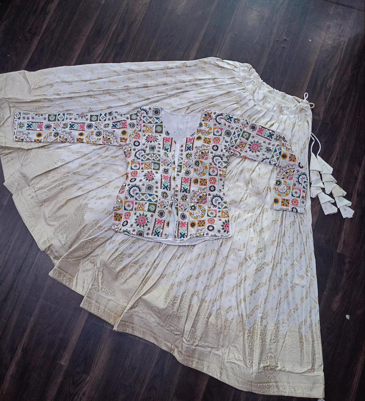Elegant Cream Skirt with Multicolor Embroidered Jacket Top