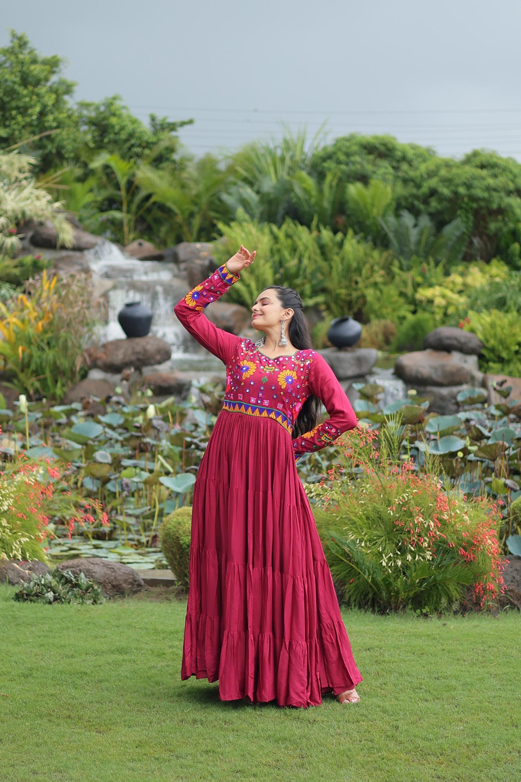 Maroon Mirror Embroidered Navratri Gown