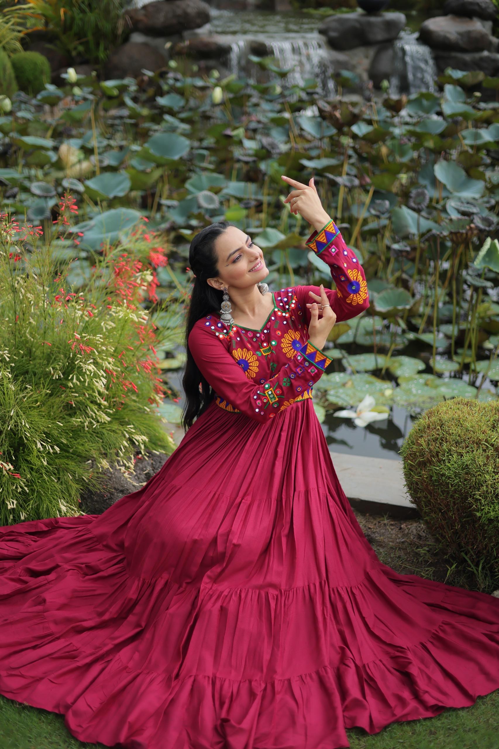 Maroon Mirror Embroidered Navratri Gown
