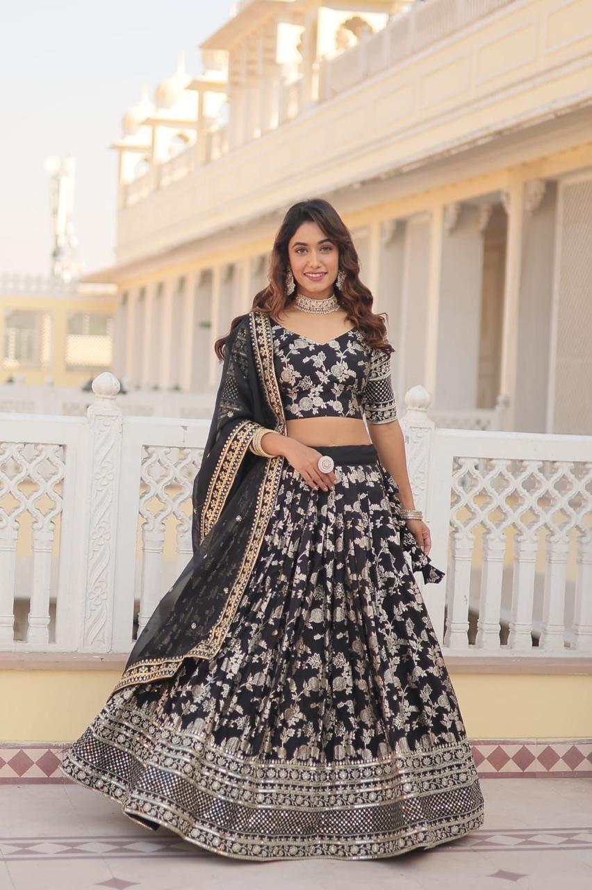 Lehenga with Silver Foil Print and Net Dupatta
