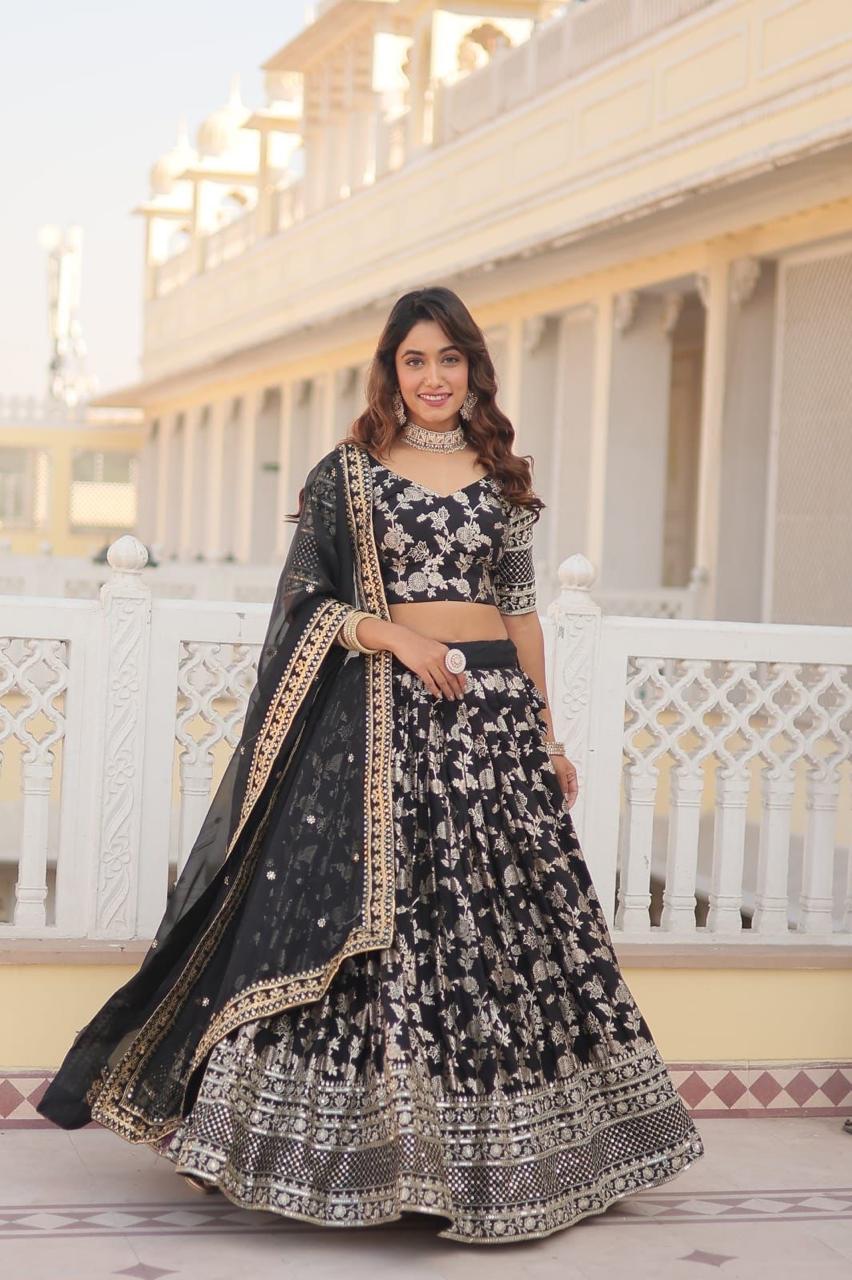 Lehenga with Silver Foil Print and Net Dupatta