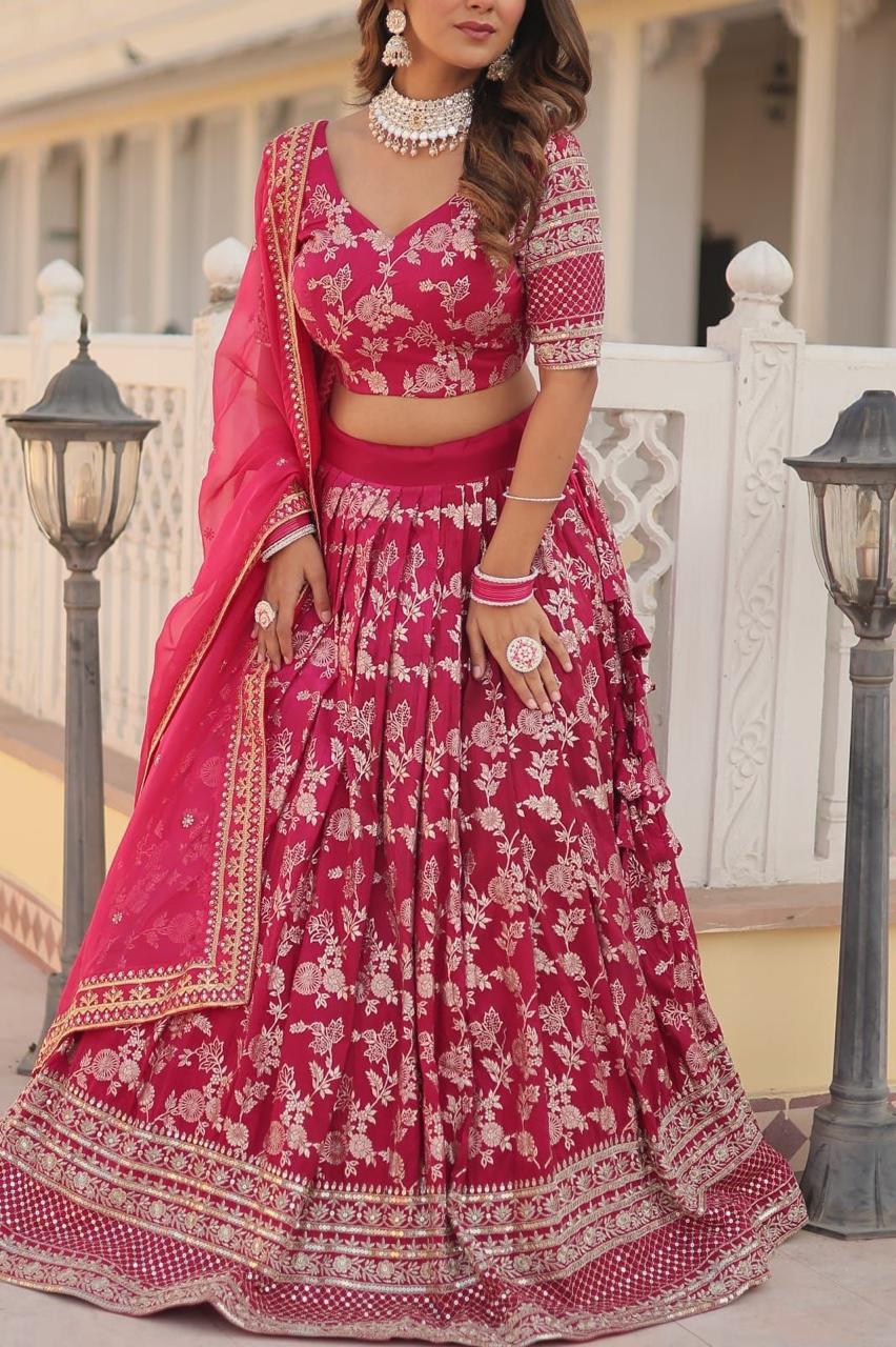 Lehenga with Silver Foil Print and Net Dupatta
