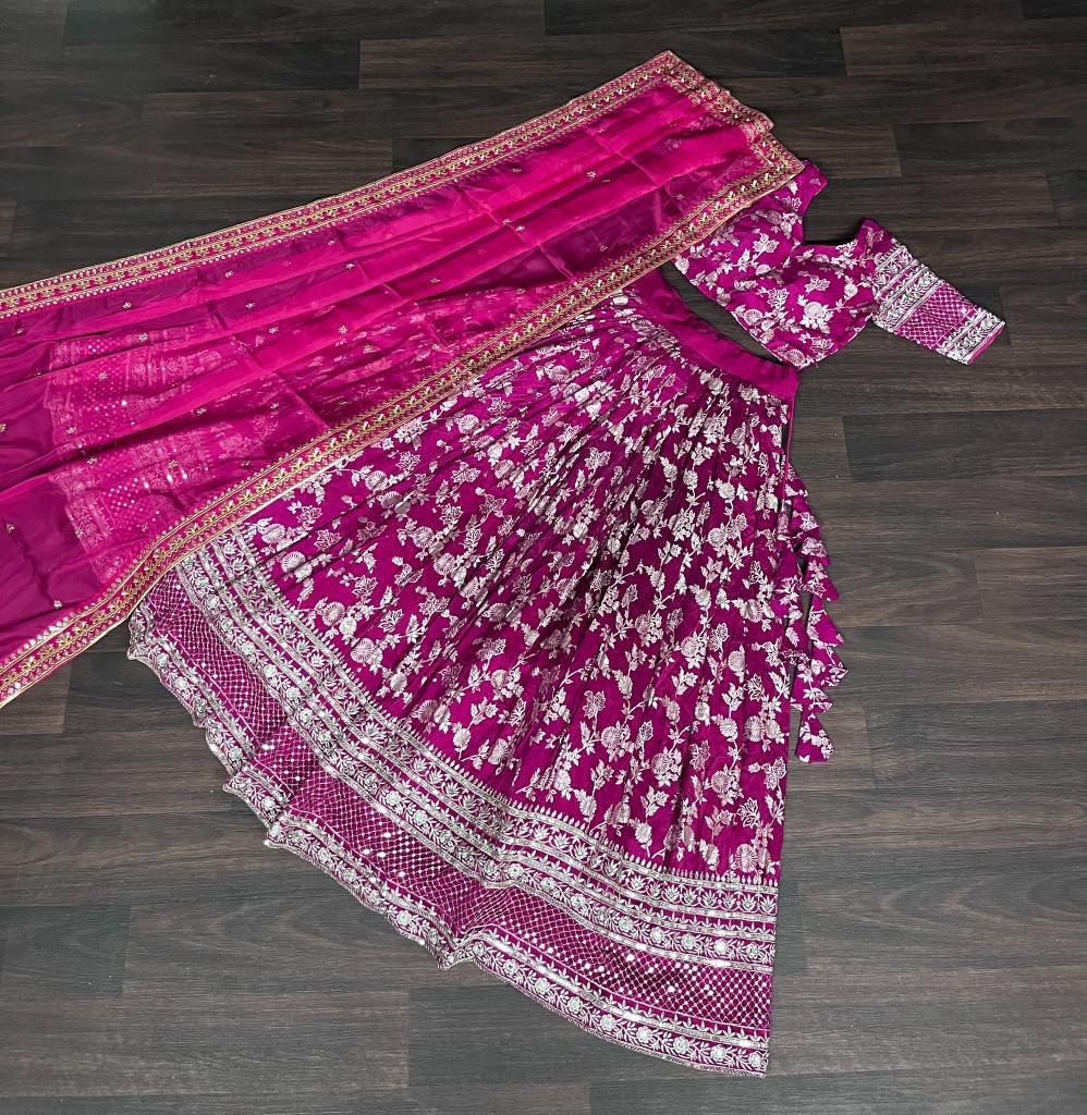 Lehenga with Silver Foil Print and Net Dupatta