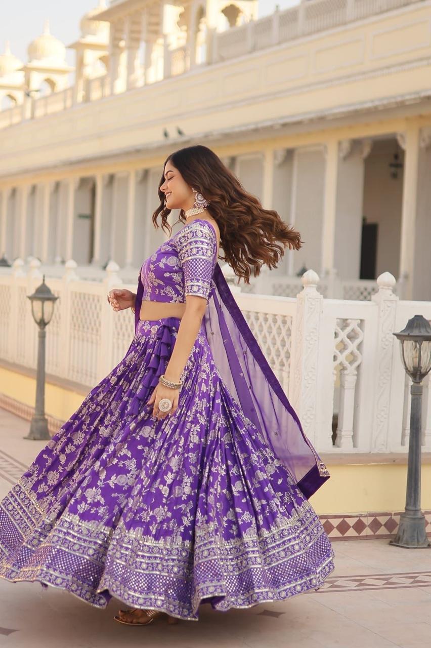 Lehenga with Silver Foil Print and Net Dupatta