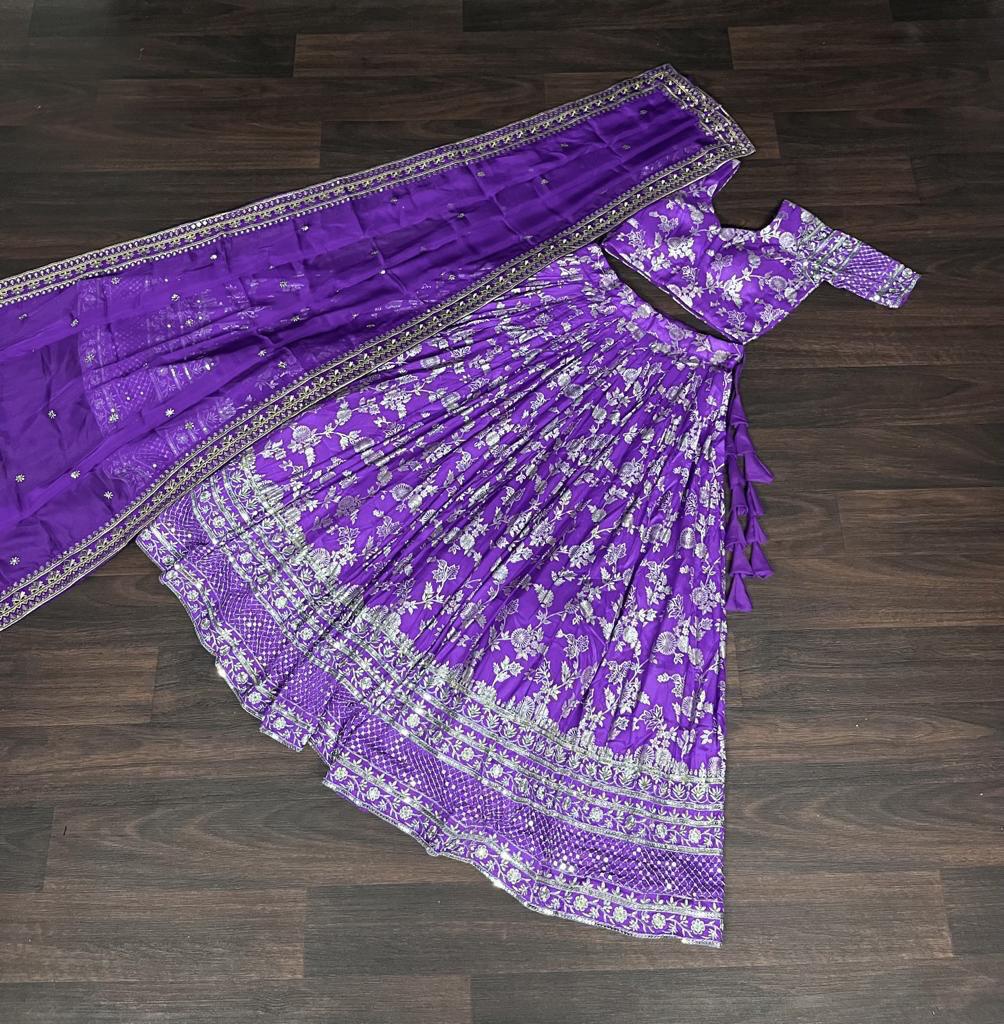 Lehenga with Silver Foil Print and Net Dupatta