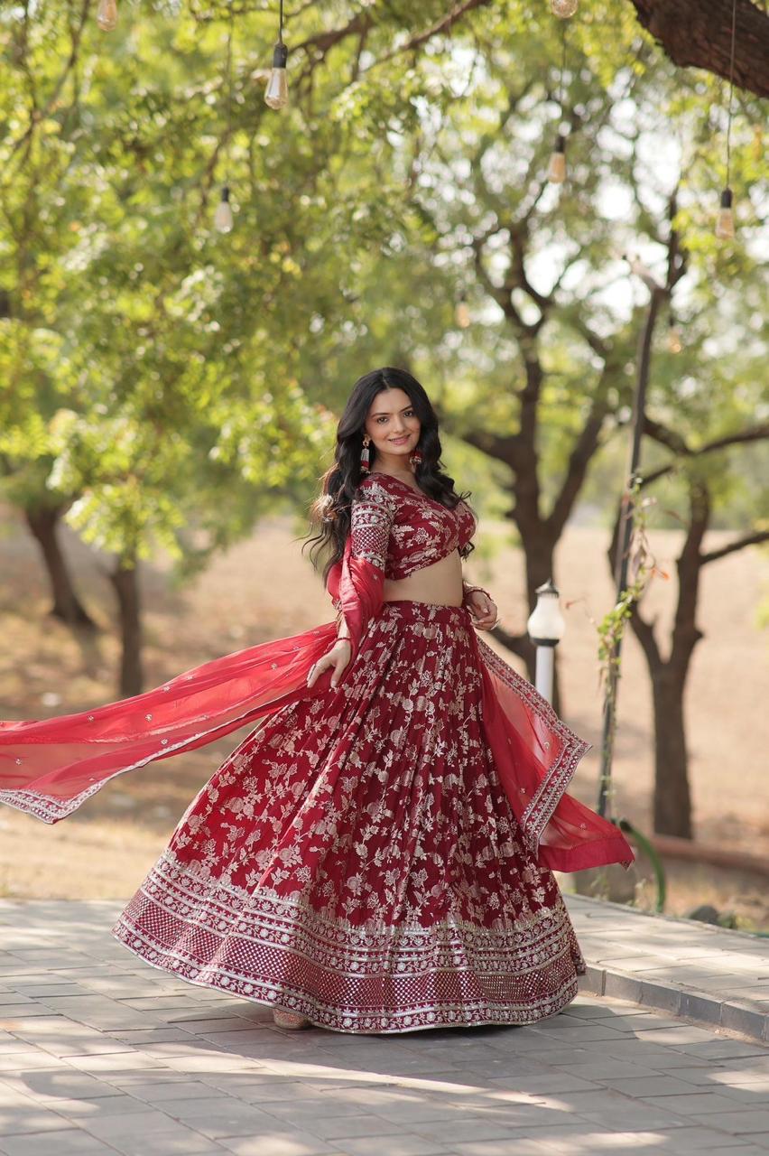 Lehenga with Silver Foil Print and Net Dupatta