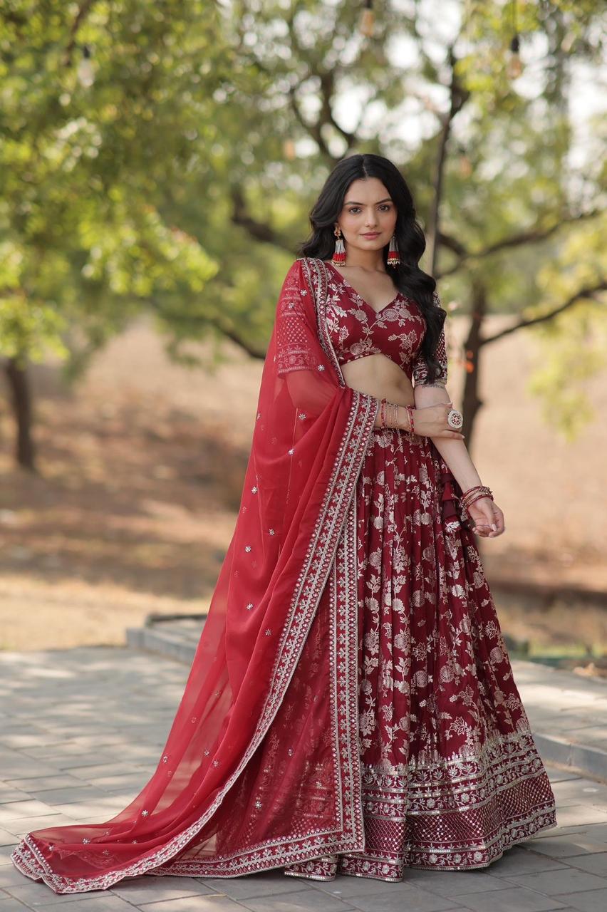 Lehenga with Silver Foil Print and Net Dupatta