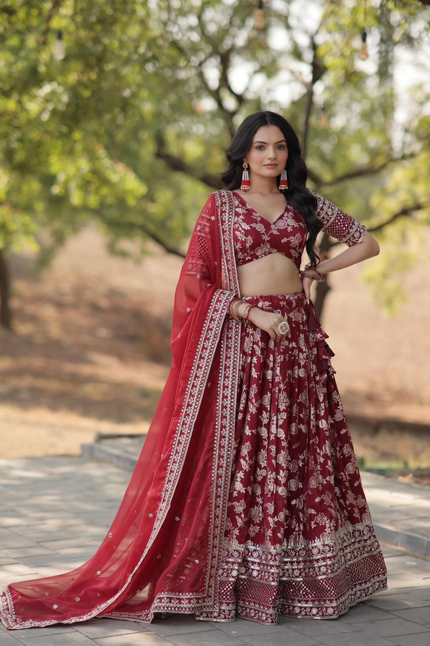 Lehenga with Silver Foil Print and Net Dupatta