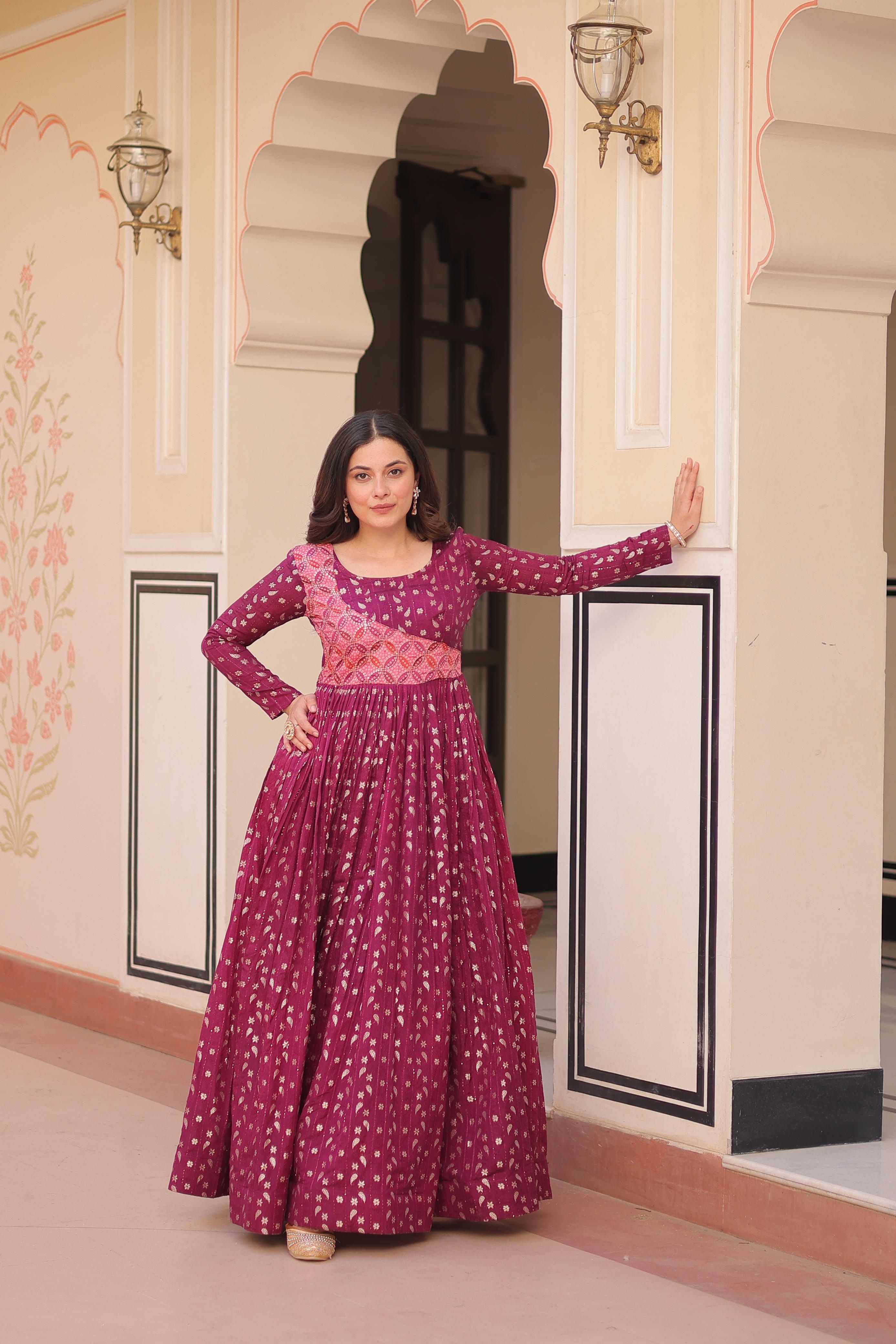 Elegant Ethnic Long Gown for Women – Ajrakh Print with Embroidered Yoke