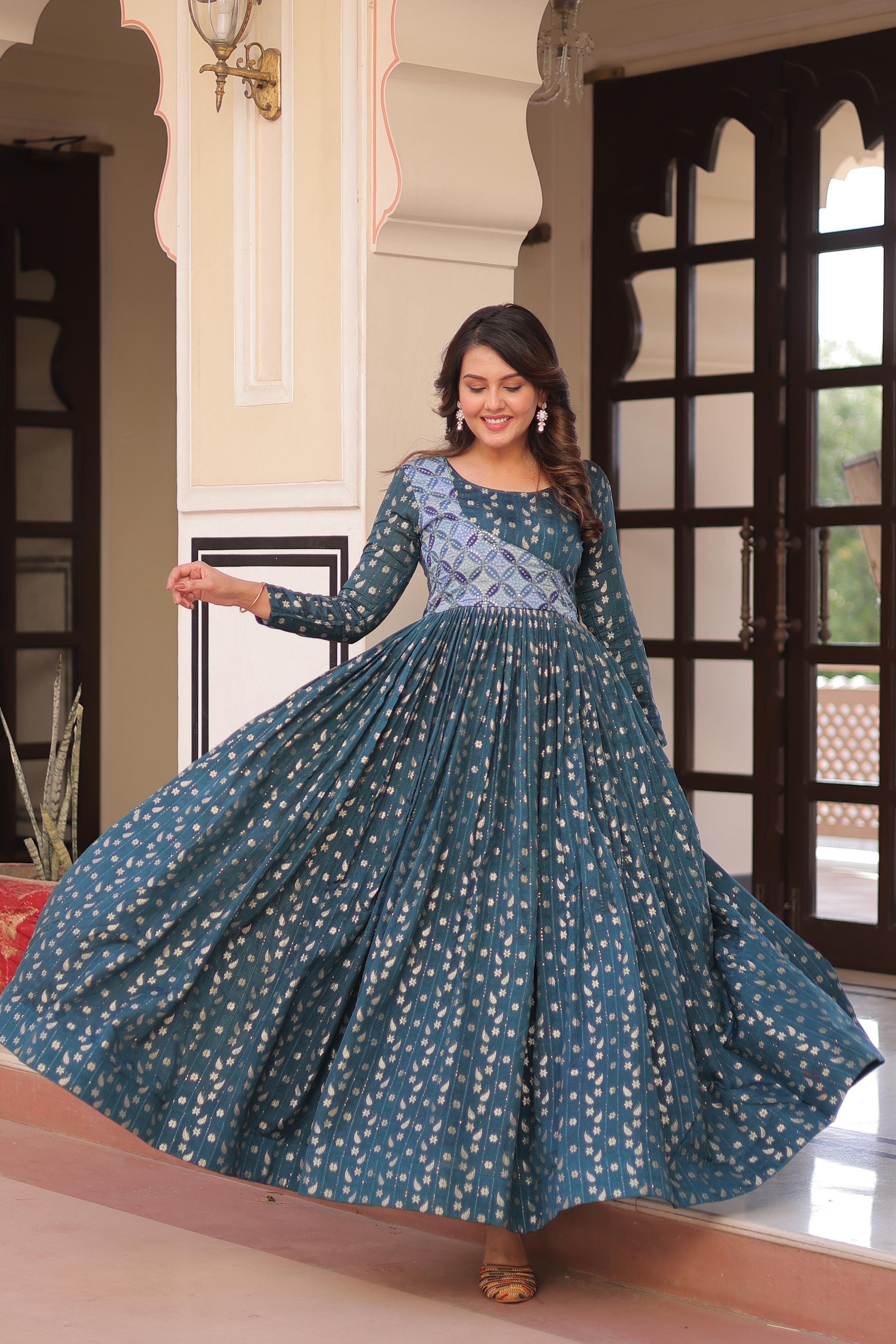 Elegant Ethnic Long Gown for Women – Ajrakh Print with Embroidered Yoke