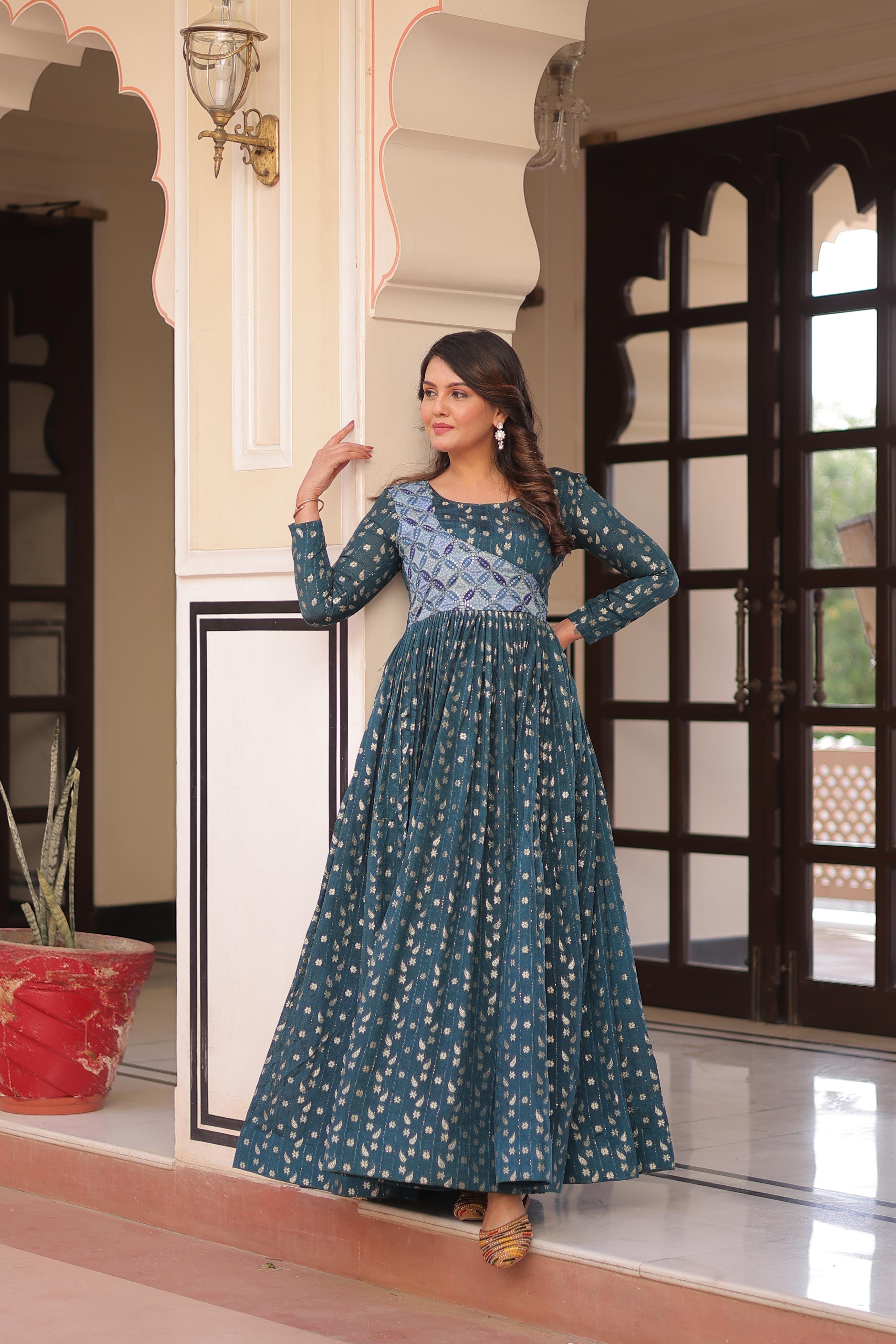 Elegant Ethnic Long Gown for Women – Ajrakh Print with Embroidered Yoke