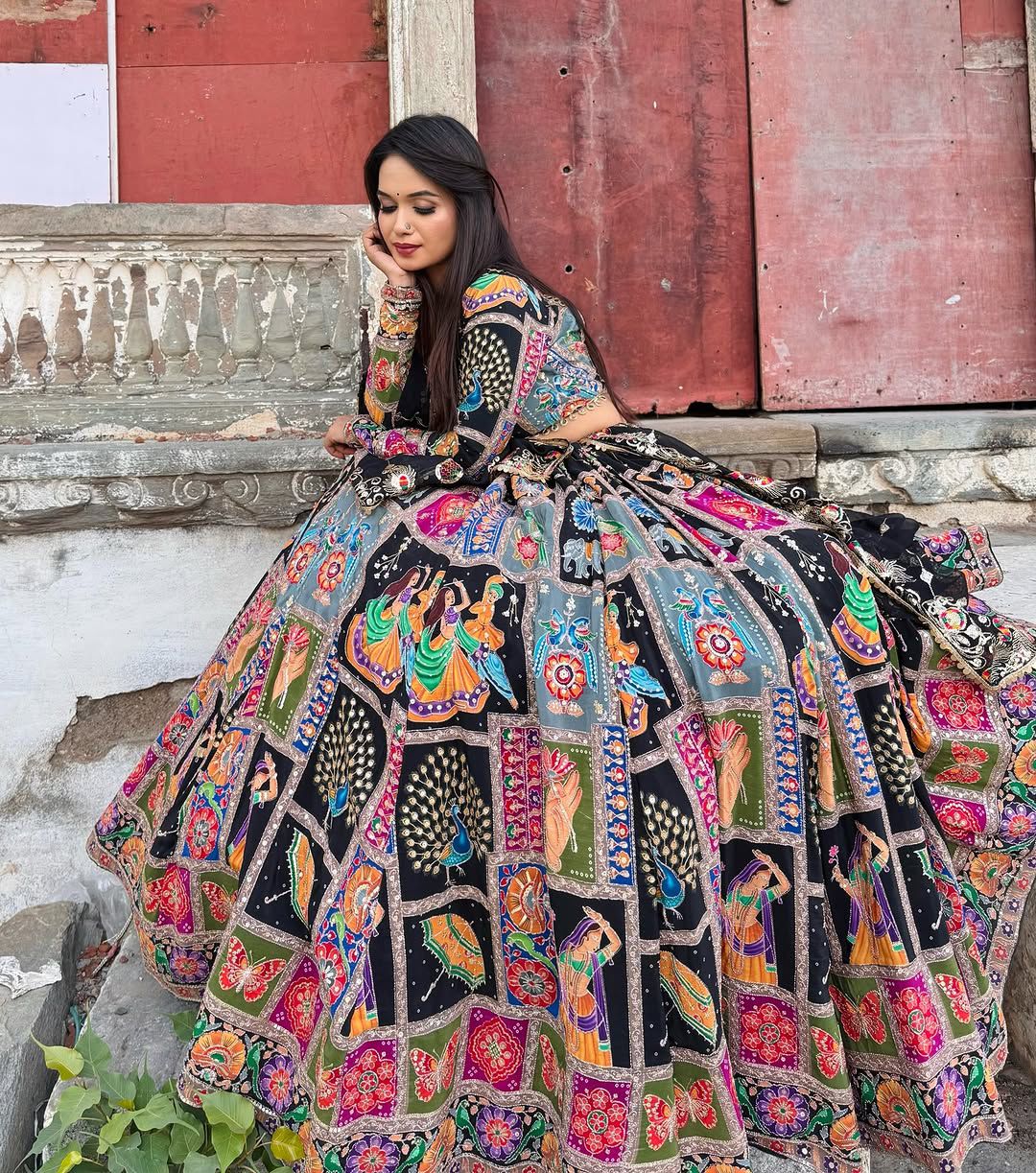 Royal Multicolor Hand-Embroidered Navratri Ghagra Choli with Black Dupatta