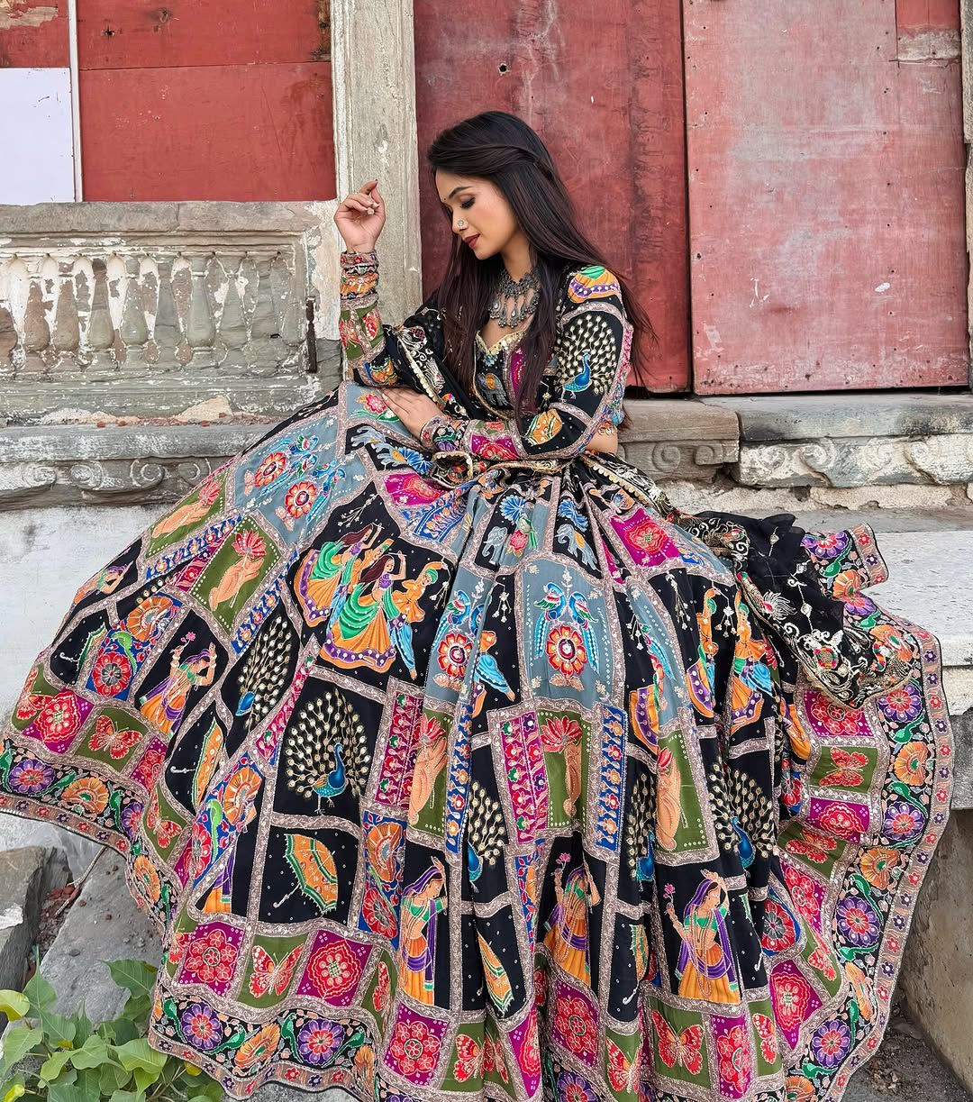 Royal Multicolor Hand-Embroidered Navratri Ghagra Choli with Black Dupatta